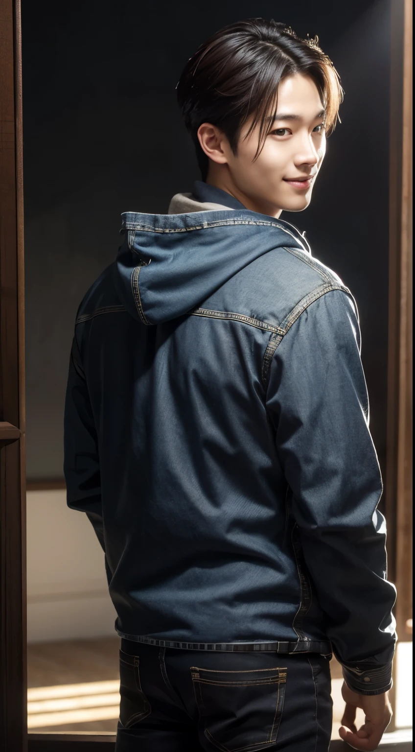 8K, highest quality, masterpiece, realistic, ultra detail, photo realistic, hyper realistic, smoother lighting, Improve the quality of cinematic lighting, realistic lighting, Backlight, bright light, Improvement of quality, highest quality real texture skin,
close, thin, smile, beautiful detail eyes, 19 years old Korean, cool, Mash Wolf, hood,Men's