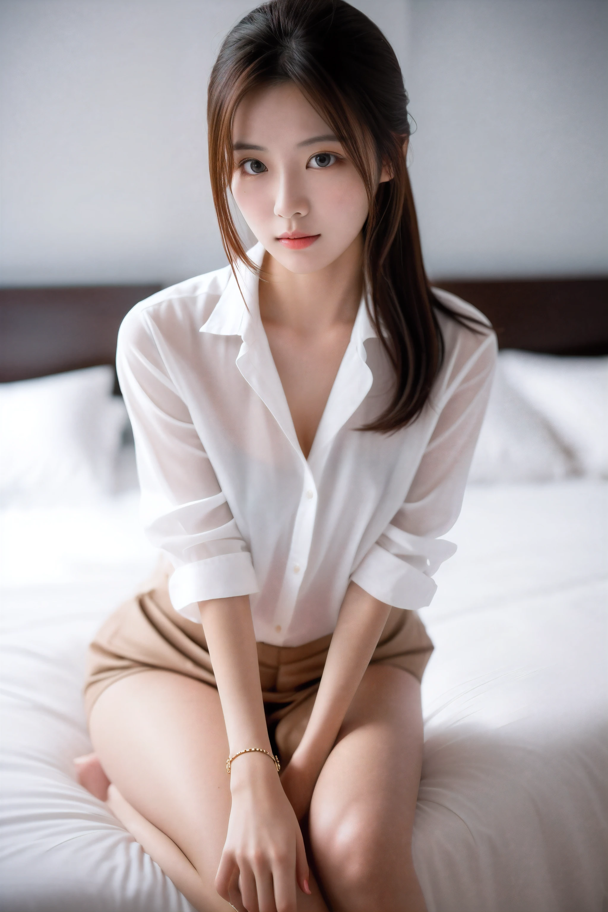 Hotel Bedroom、White blouse、Japanese high school students、18-year-old female, RAW shooting, (realism: 1.8, Realistic), High resolution、One Girl, Looking into the camera, ((Straight from the front))), (High Quality Skins: 1.8, Shiny skin)), 8k、Soft lighting、Stand in front, Japanese women, From the ankles to the whole body,  Shot looking up from your feet,height: 160cm, Weight 50kg、(((Wearing pantyhose)))、attractive、Fascinating、Breasts are visible、Taking off your blouse