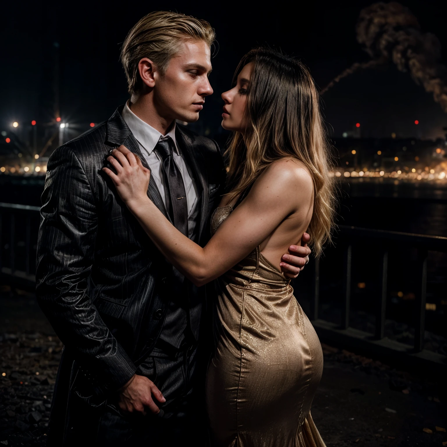 A young blonde haired girl aged 19 wearing a sexy gown, try to kiss and hugs eachother with a young handsome man, buffed and look scary but still good looking, aged 30 with black hair in a suit. Realistic. Cinematic. Background: city in ashes and fire. Mafia vibes.