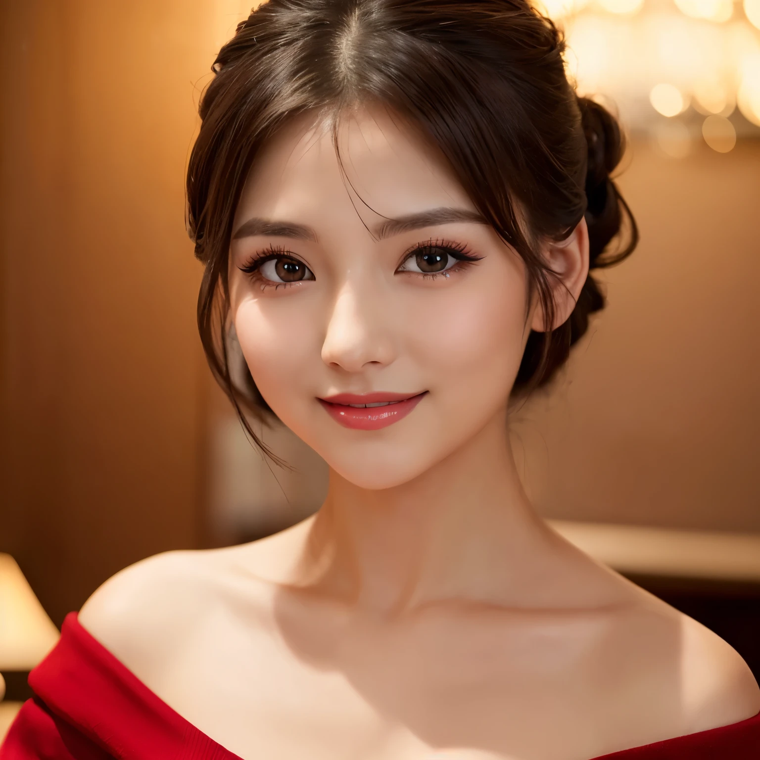 (highest quality、table top、8K、best image quality、Award-winning work)、(1 very young 8 year old girl:1.3)、(Perfect V-neck red long knit sweater:1.2)、(red eyeshadow:1.2)、perfect makeup、long eyelashes、Super high-definition sparkling eyes、ultra high definition hair、ultra high resolution glossy lips、Super high resolution perfect teeth、Super high resolution cute face、brown hair、(chignon:1.1)、look at me and smile、[clavicle]、(accurate anatomy:1.1)、(close up of face:1.5)、Luxury love hotel、(The most moody warm lighting:1.2)、blurred background、cleavage