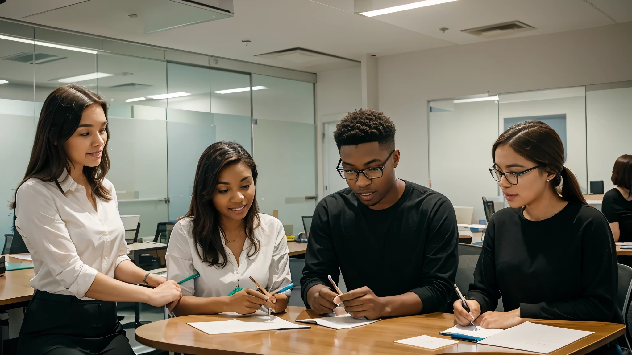 A diverse group of coworkers, seated around a glass conference table in a modern office, brainstorming ideas for a new project. Laptops, notebooks, and colorful sticky notes cover the table as they engage in animated discussion