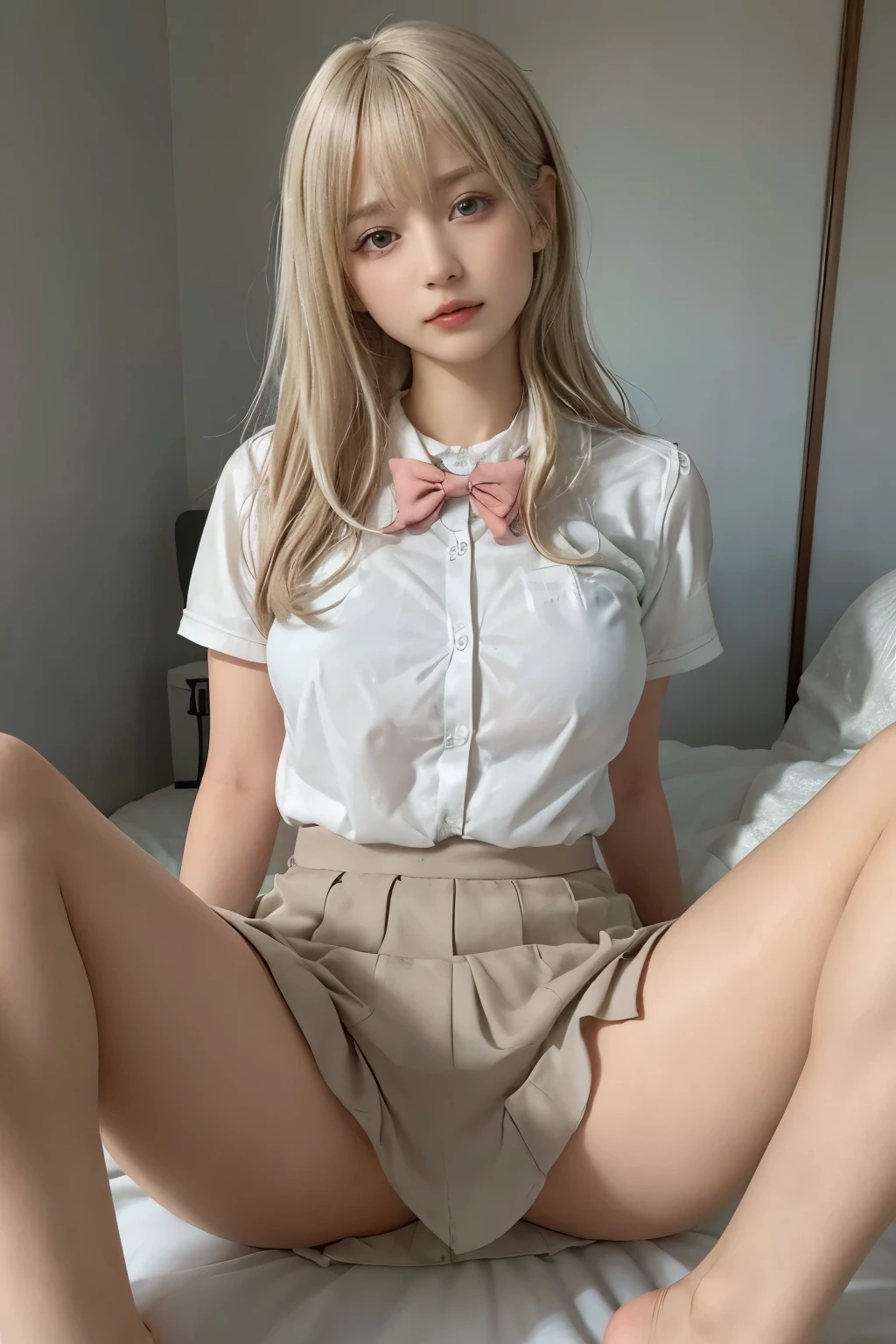 wearing short skirt、Alafid asian woman wearing bow tie sitting on train, cute schoolgirl, japanese schoolgirl, wearing japanese school uniform, japanese school uniform, a hyperactual schoolgirl, Dress up as a schoolgirl, hyperactual , Wearing school uniform, actual , girl wearing, Wearing school uniform, A pose, whole body, good skin, glowing skin, beautiful thighs,glowing thighs, Glowing legs, (best quality, 8k, high resolution, lifelike:2.0), (alone, a girl:2.0),(light: front),(light: strong),(ultimate beautiful girl:2.0),(very muscular girl:1.5),(shiny skin:1.5),(oily skin:1.5),(platinum blonde:1.5),blush brown makeup , (big eyes girl:1.5),(Emphasize cleavage),((big breasts)),(Slobber),(Fully open your thighs to the audience:1.6),((Astonishing)),((Lie on your back on a clean bed,lean on a big pillow.)),(spread your legs to:1.5),(Open your thighs boldly:1.5),(Spread your legs boldly:1.5),(ordered to spread legs:1.5),(Providing sexual services to viewers:1.2),(Have a good attitude towards the audience)