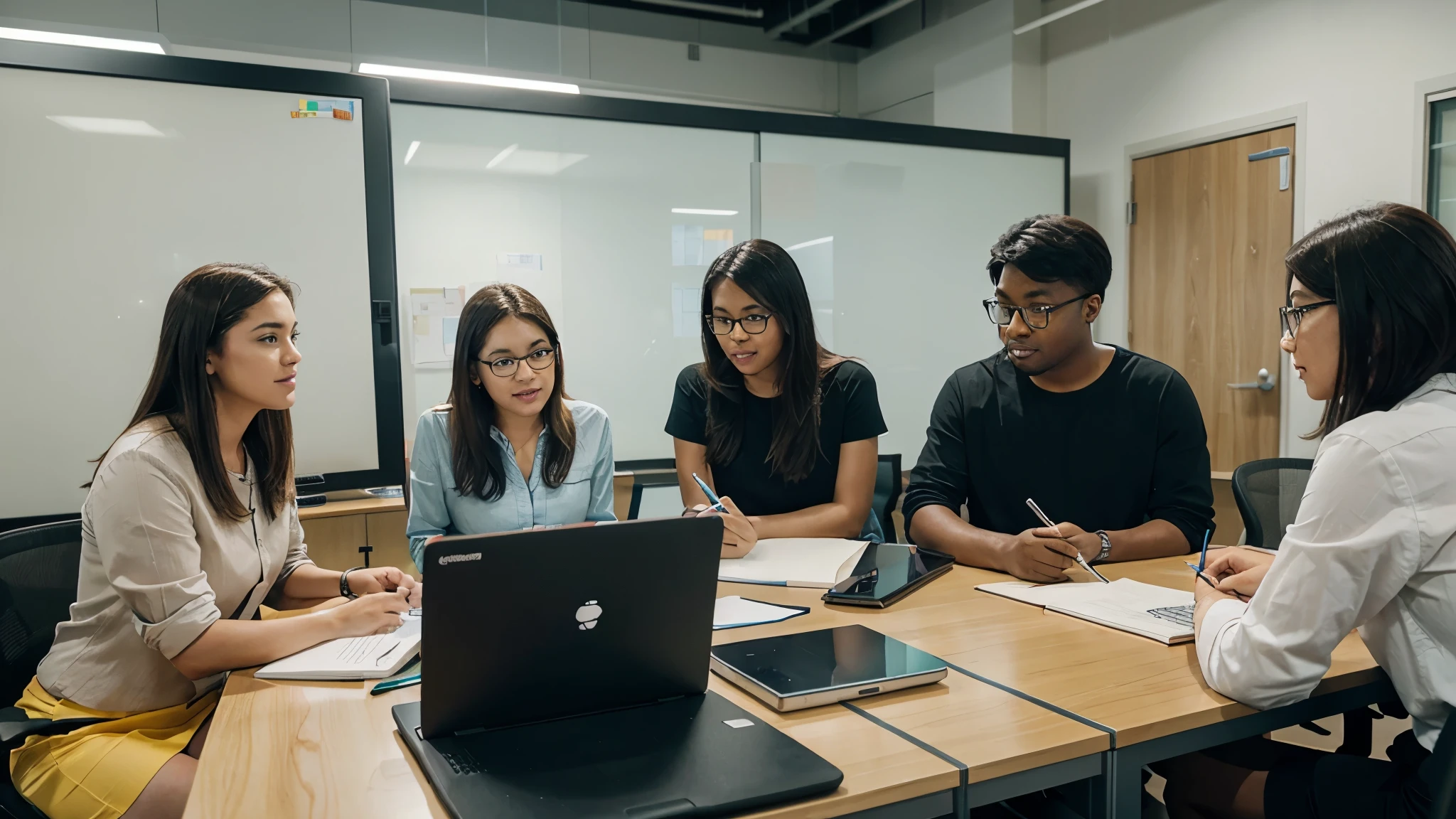A diverse group of coworkers, seated around a glass conference table in a modern office, brainstorming ideas for a new project. Laptops, notebooks, and colorful sticky notes cover the table as they engage in animated discussion