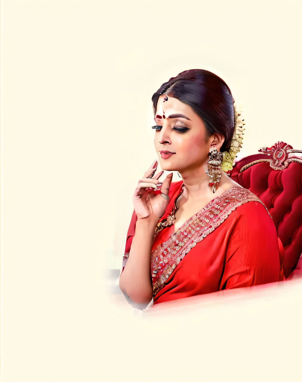 There is a woman wearing a red and white sari talking on the phone, thinking posture, thoughtful gesture, with sad expression, she looks far away, wearing sari, Indian, broken to pieces portrait, broken to pieces, 2D rendering, Gurwitz style artwork, & Her expression was serious,About 50 years old，There is roll mark, watercolor style