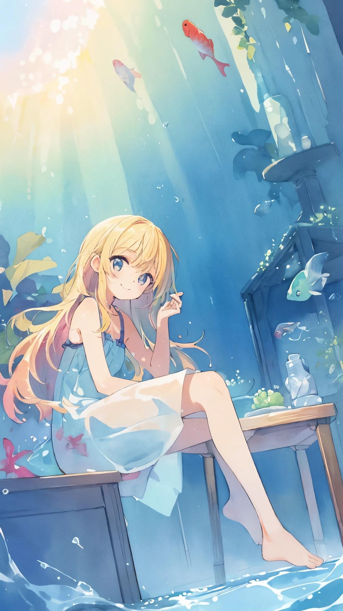 (highest quality)、(masterpiece:1.2)、(colorful:0.9)、((Ink splatters))、(Color scattering)、(watercolor painting)、sharp focus、model shot, High resolution, (anime style:1.1), ((table top)), ((highest quality)), (Super detailed), (beautiful), alone, beautiful face、(lift),、(Lots of small tropical fish swimming in a large, beautiful, transparent aquarium, and a cute girl with long blonde hair swimming with them.:1.3)、Cute dress、ピンクのcolorfulな髪, colorful目,looking at the viewer,Lens flare,dramatic, Full body Esbian、(Low - Angle:1.5)、pastel colour、A big smile