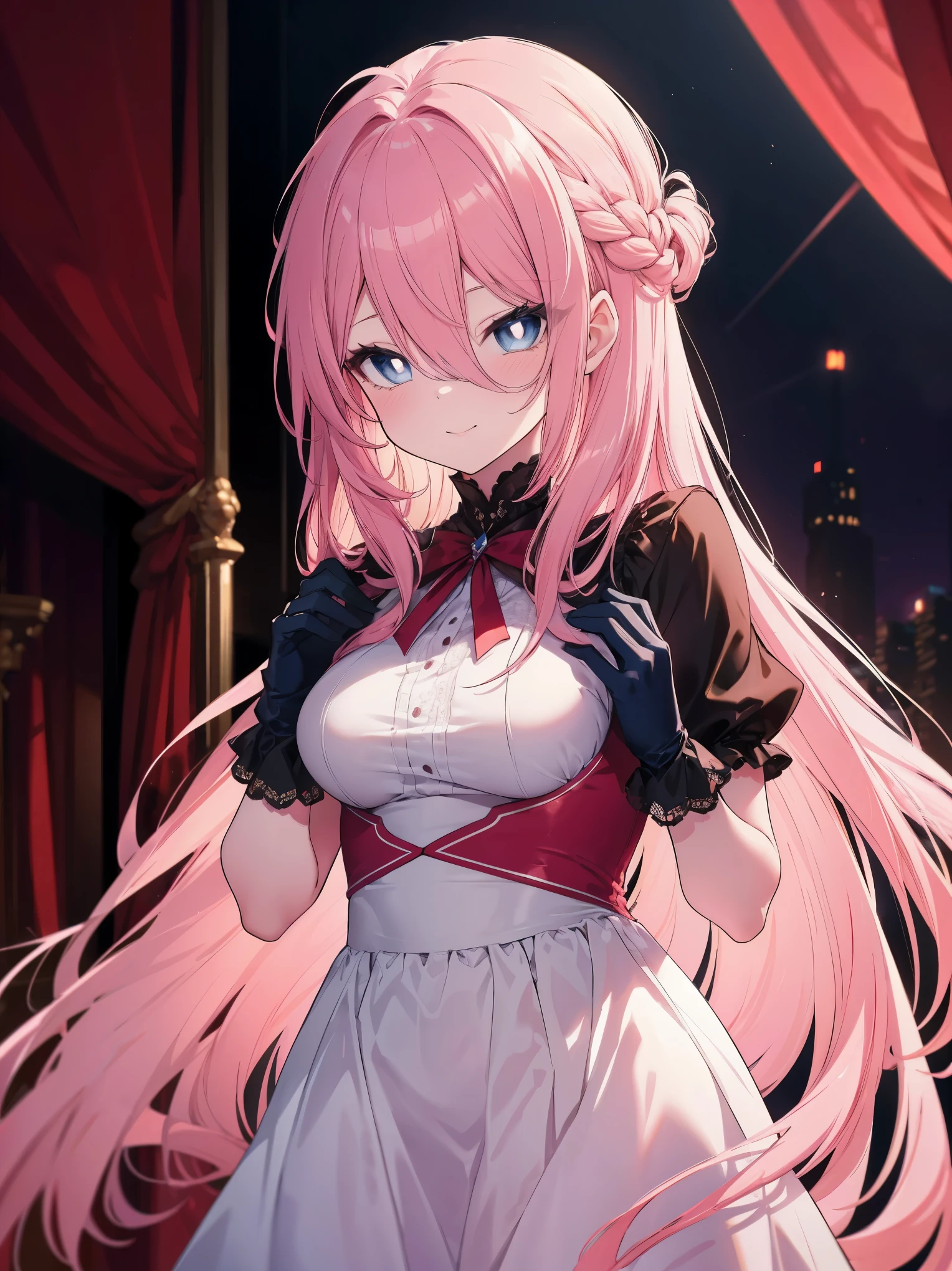 (cowboy shot), (best quality, ultra-high resolution, depth of field:1.2), beautiful face, 22-year-old woman, adult, short height, 1female, (pink hair), long hair, french braid, forehead, (blue eyes), bright pupils, hair between eyes, plump, medium breasts, (wearing a crimson gala dress), frills, long lace gloves, seductive smile, elegant ballroom scenery, dim lighting