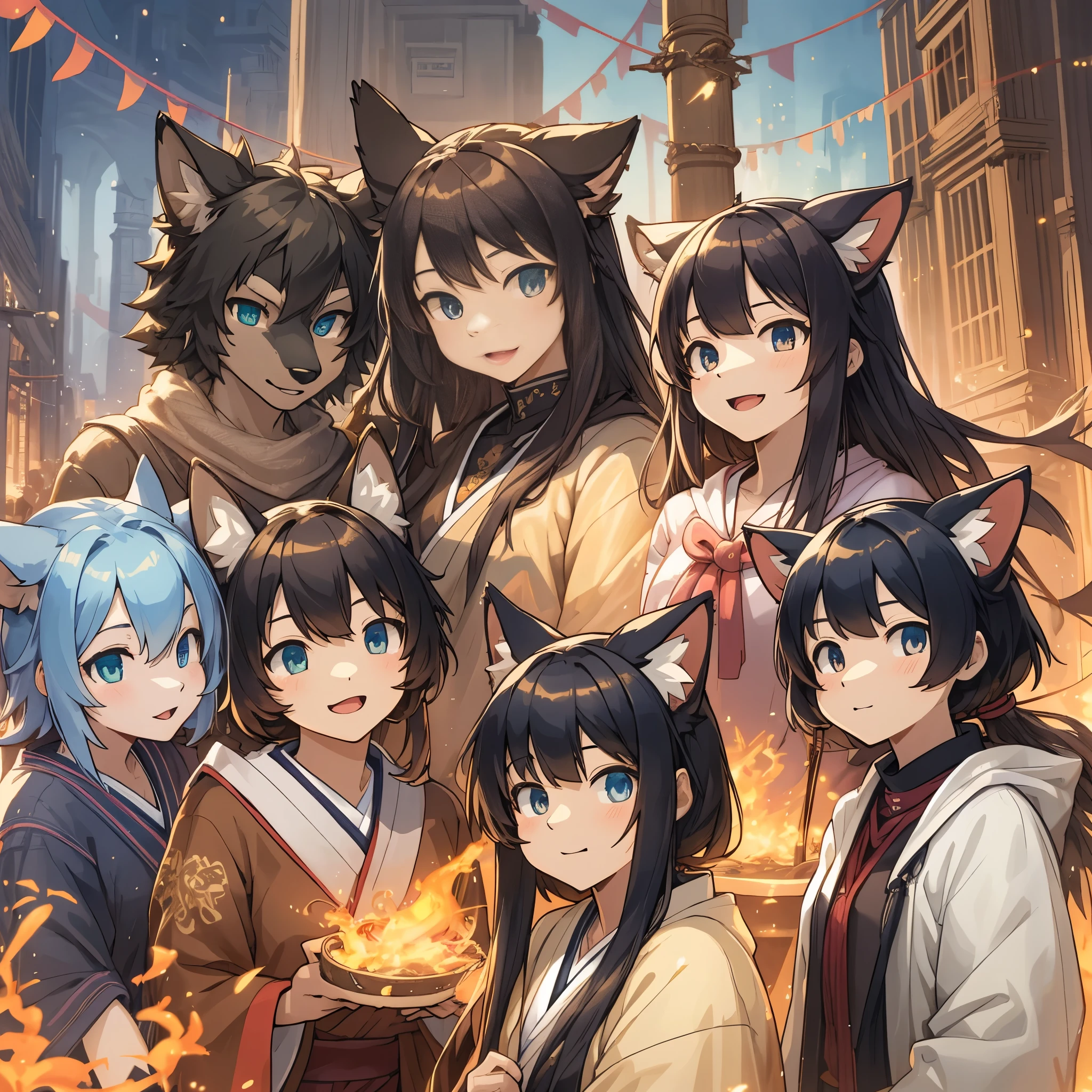 dynamic angle, top quality, best quality, High-quality illustrations, masterpiece, super high resolution, detailed background, detailed background, Stylish CD jacket, Japanese rock band, torii gate, group shot:0.1, 6+boys, 6+girls, Happy, joyful, absurdres(highly detailed beautiful face and eyes)perfect ???????(kemono, furry anthro),