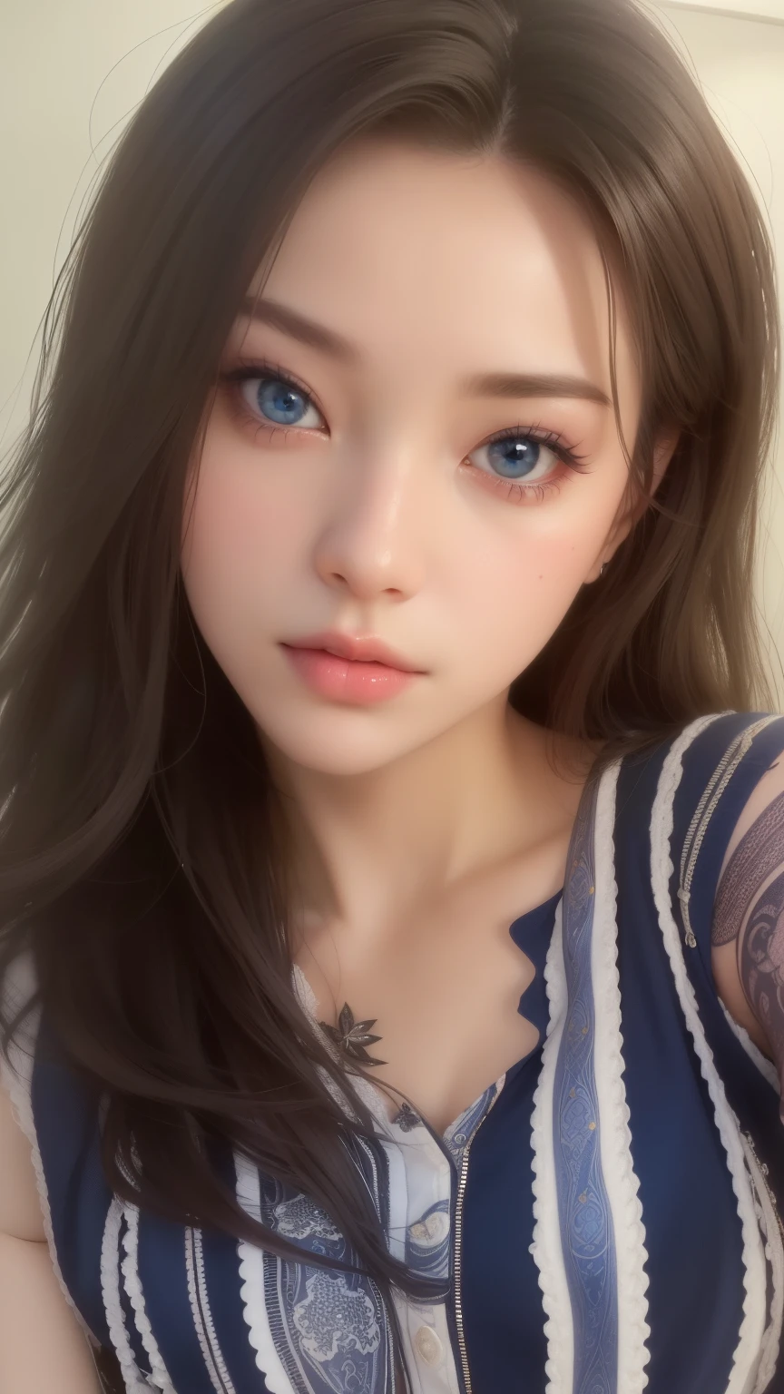 Beautiful big breastokeh), indoors, detailed luxury living room, gentle and charming beautiful goddess, Korean(kpop-idol), solo, necklace, oval face, double eyelids, smart, good hands, good feet, Natural, (from below angle), (glossy skin:1.05), ((low angle)), Perfect figure, (64k, UHD, RAW photo, best quality, masterpiece:1.4), (realistic, photo-realistic:1.37), ultra high res, photon mapping, radiosity, physically-based rendering, professional soft lighting, blue eyes, purpel hair, tattoo