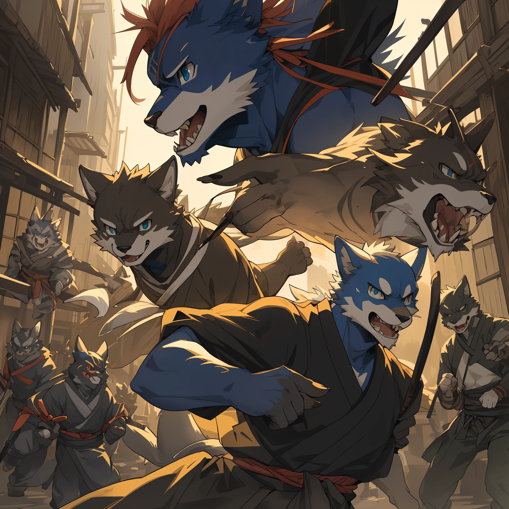 top quality, best quality, High-quality illustrations, masterpiece, super high resolution, detailed background, japanese, ninja, action, 6+boys, 6+girls, absurdres(highly detailed beautiful face and eyes)perfect ???????, expression, good lighting, cinematic shadow(kemono, furry anthro),