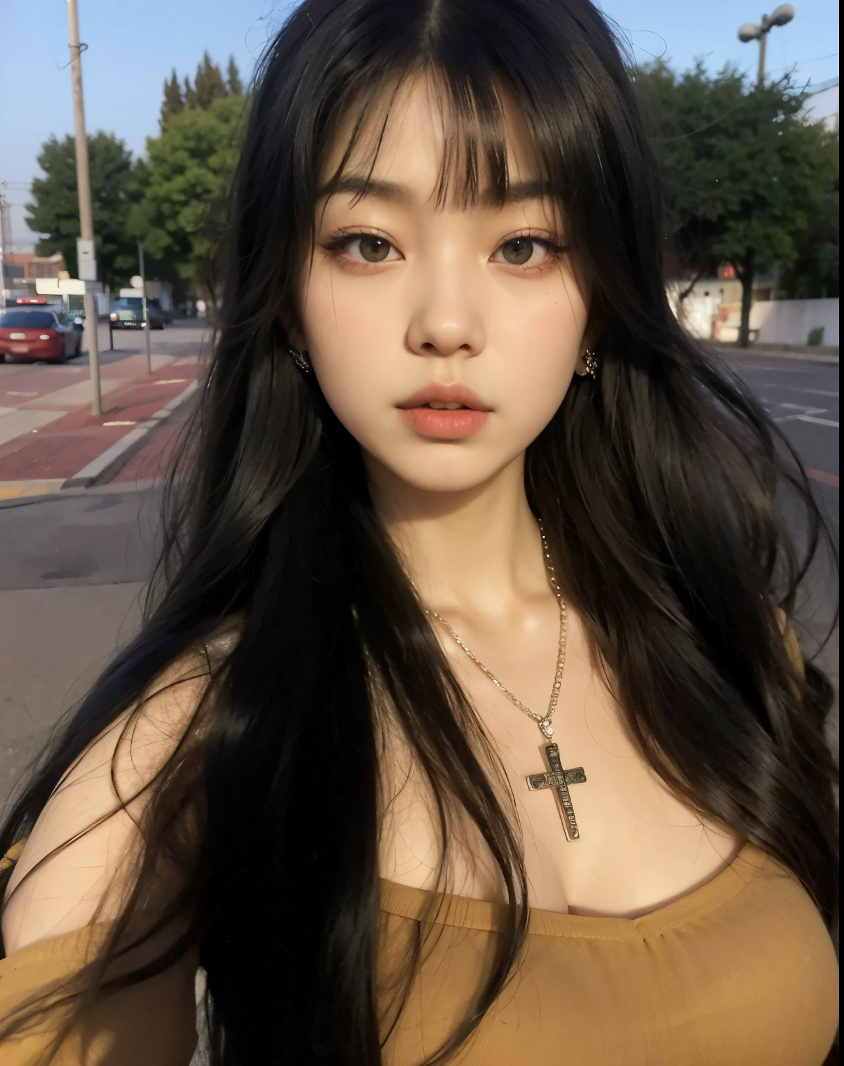 curvy Asian woman with long black hair and a cross necklace, cruel korean goth girl, jennie kim, pale gothic beauty, pale porcelain white skin, goth girl aesthetic, jennie kim, jennie kim, korean symmetrical face, Guweiz, pale white face, pale round face, com cabelos longos e olhos penetrantes, artwork in the style of jennie kim