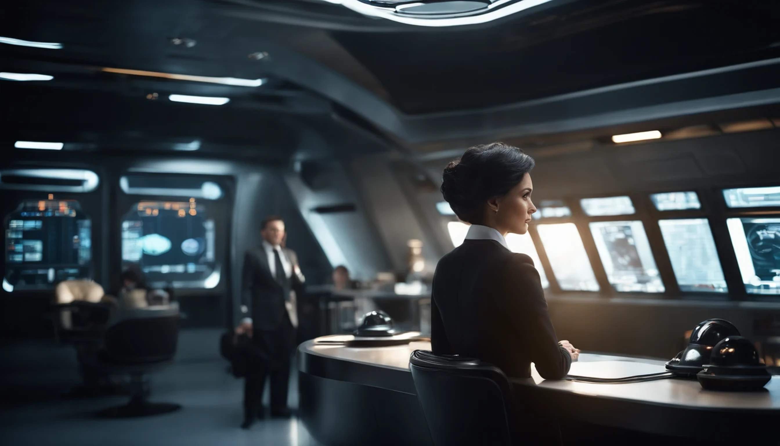 (highest resolution, clear_image), highest quality, masterpiece, very detailed, semi-realistic, short black hair woman, mature woman, triple bang, black, black pleated skirt, uniform, spaceship space, waiting room, commander
