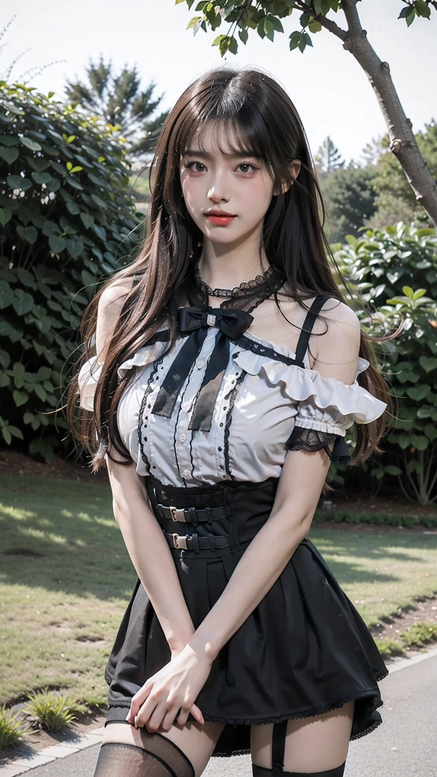 best quality, two hands, two legs, natural lighting, masterpiece, 1 girl, perfect beautiful face, (photo photo:1.3), edge lighting, photography lighting, (high detail skin:1.2), 8k ultra hd, DSLR, high quality, high resolution, white skin, detailed textured skin, 3/4 body in frame, poker face,perfect propotion face, symetric face, eye level shot, 4k, 8k, bokeh, absurd, (realistic:1.3), beautiful detailed girl, cute 1girl, brown hair, long hair, bangs, volume hairs, collosal-breast, full looking breast, projecting breast, slim waist, slender, small thighs, perfectly proportion, outdoor background, detailed background, building, clouds, trees, jirai kei attire, jirai kei, black thighhighs, high heels