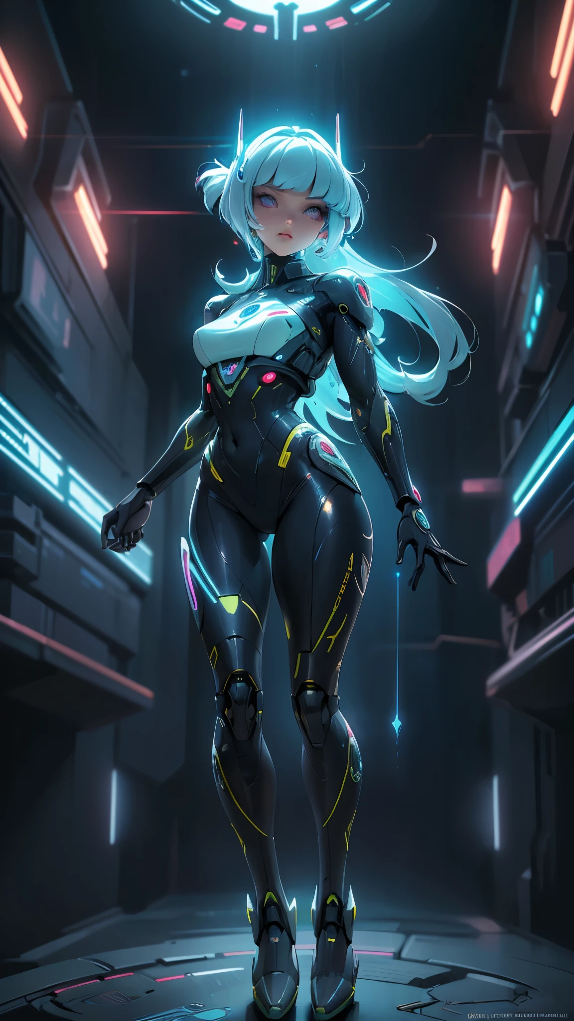 A spectral beautiful woman, full body Portrait Blade Runner Style cyborg female, in a dramatic pose, background Alien Planet background ((Shinny spaceship)) Glowing Space Craft, perfect detailed eyes, athletic body, intricate facial details, highly detailed, full body, perfect body, perfect face, (hermosos ojos azules) 