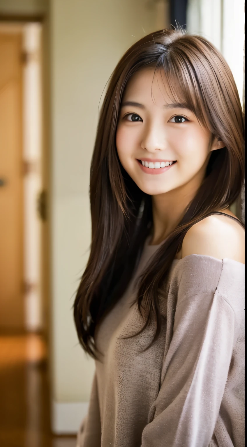woman、Japanese、22 years old、bright atmosphere、Beautiful face like an actress、pronounced double eyes、dark brown hair、long hair、body and face facing forward、Room wear、upper body only、smiling at the camera、The background is inside a room where I live alone