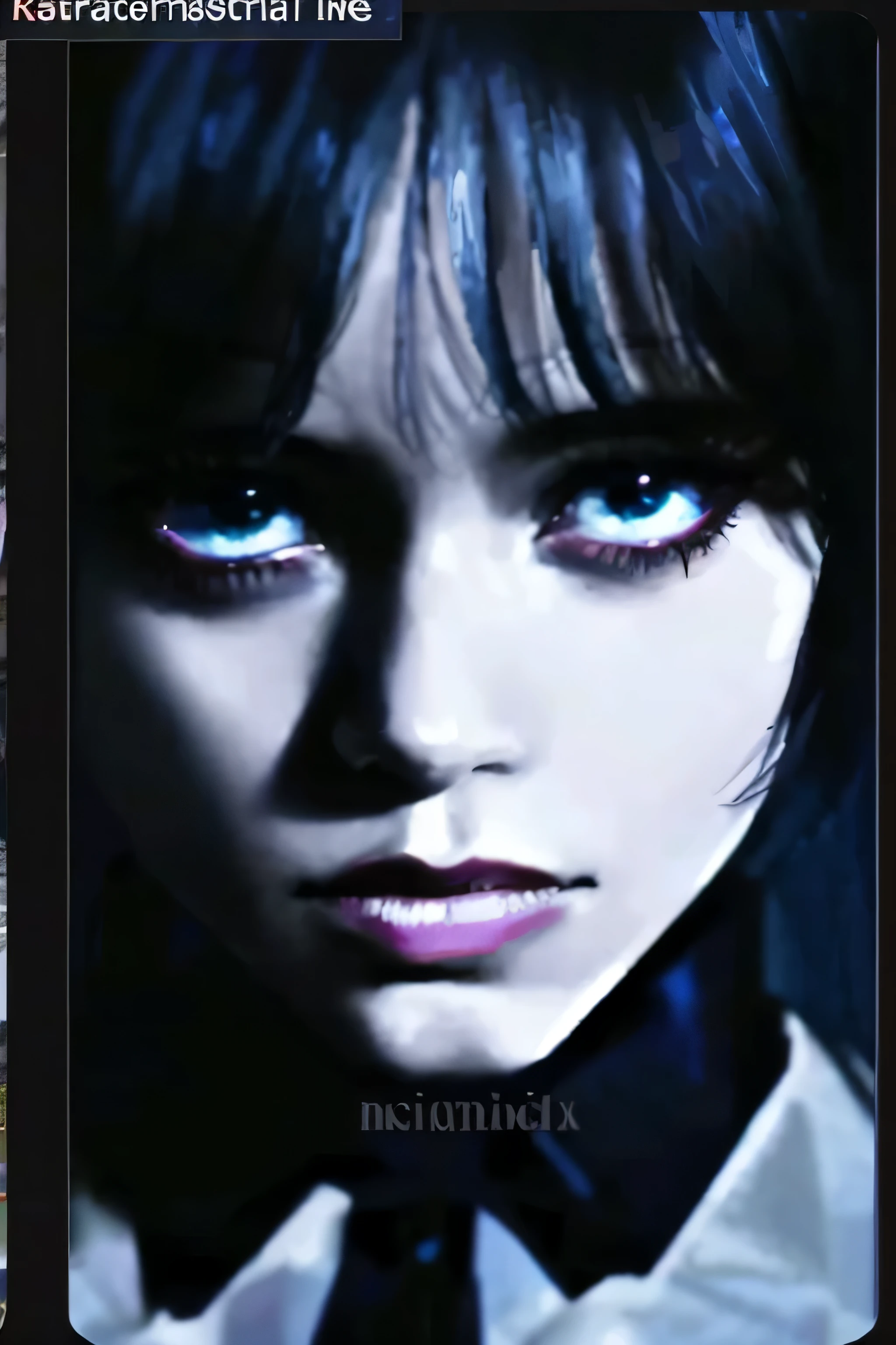 there are two pictures of a woman with blue eyes and a man with a tie, blue android eyes, junji ito 4 k, park shin hye as a super villain, intense demonic look in the eyes, looks like christina ricci, beautiful crying! android woman, the piercing stare of yuki onna, iu lee ji-eun as a super villain, android eyes