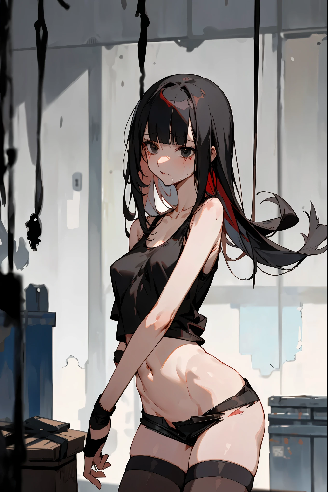 nsfw,1woman,solo,Perfect Anatomy,20year old beauty、black hair,long hair,blunt bangs,black eyes,slender body, smaller head、ideal ratio body proportions,medium breasts,injury、red bruise:1.2.bleed,punk rock fashion、tearful,shy look、torn clothes、Black tank top、Navel is visible、black leather micro miniskirt、thigh_gap, black_thighhighs,standing,spread legs,Hiding in the shadows、A room full of cardboard、Inside the warehouse、Trade port、Tokyo、at night、moonlight、