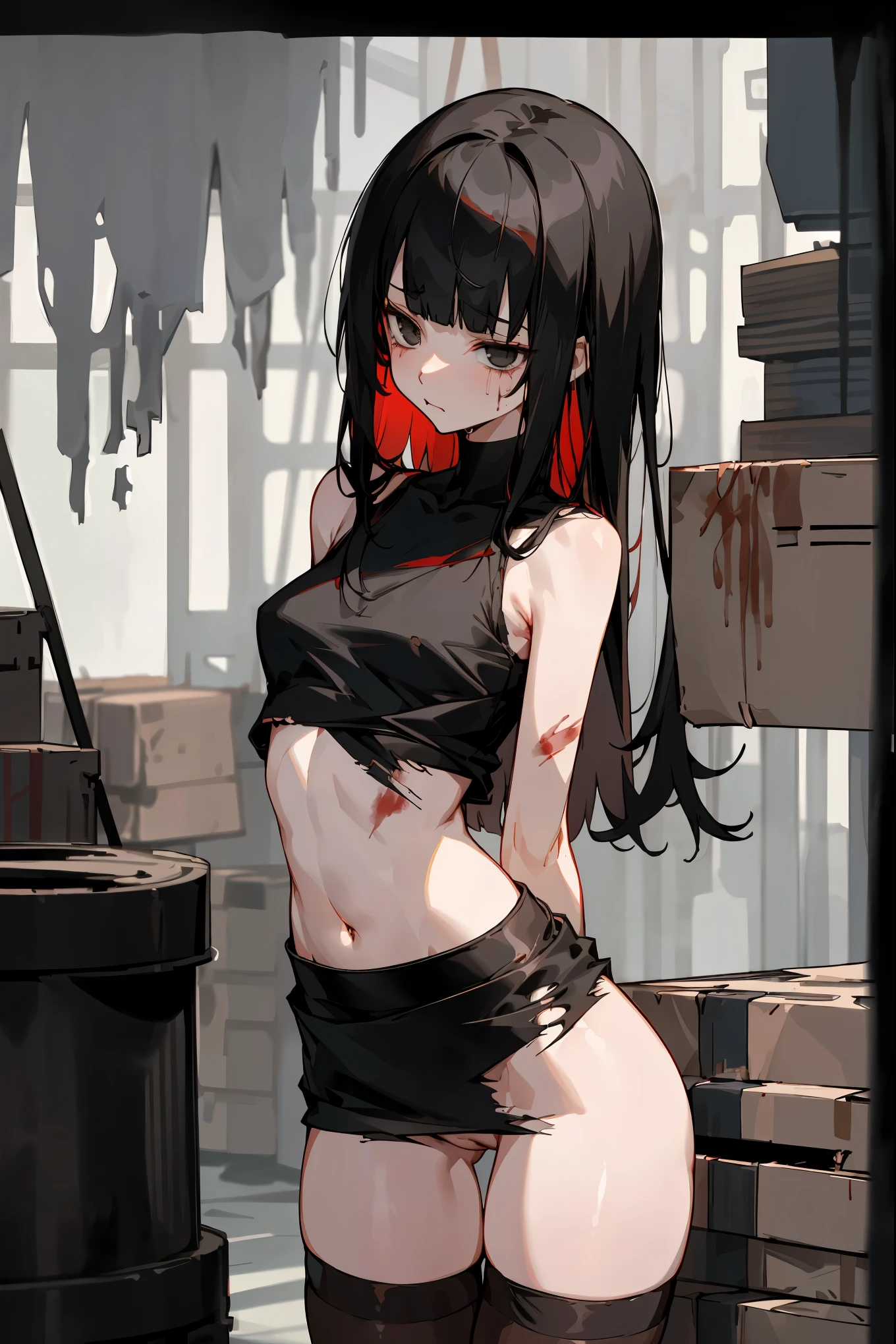 nsfw,1woman,solo,Perfect Anatomy,20year old beauty、black hair,long hair,blunt bangs,black eyes,slender body, smaller head、ideal ratio body proportions,medium breasts,injury、red bruise:1.2.bleed,punk rock fashion、tearful,shy look、torn clothes、Black tank top、Navel is visible、black leather micro miniskirt、thigh_gap, black_thighhighs,standing,spread legs,Hiding in the shadows、A room full of cardboard、Inside the warehouse、Trade port、Tokyo、at night、moonlight、