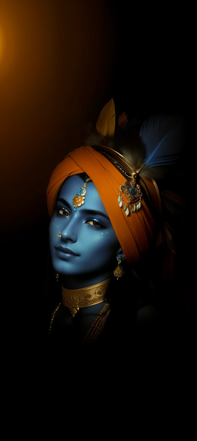 a close up of a person with a feather on their head, indian god, attractive male deity, color photograph portrait 4k, coy expression wearing intricate, an exhausted deity, serene expression, regal and menacing visage, his head covered in jewels, a stunning portrait of a goddess, peaceful expression, portrait of a beautiful goddess, closeup portrait shot, stylish deity skin tone blue