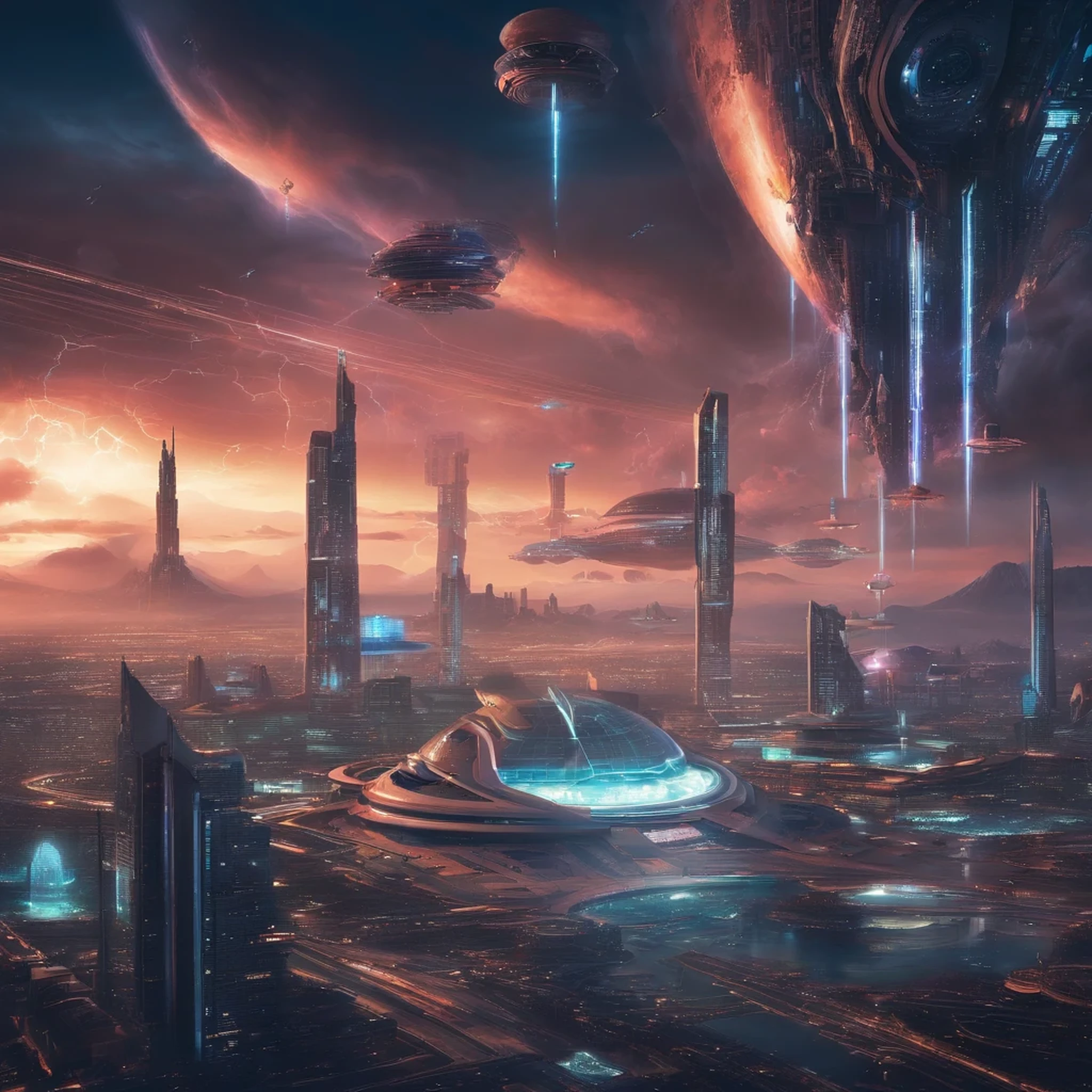 Science fiction city surrounded by storm clouds at dusk (Retrotide:1)