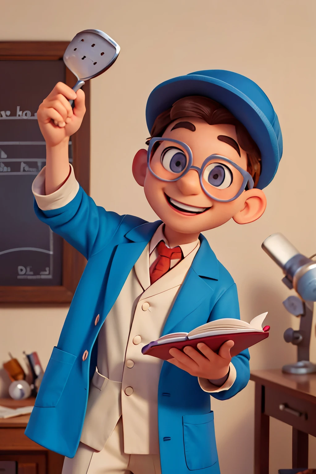 pixar style: The is wearing glasses, a hat, and a doctor's coat. He is holding a chart in his other hand and smiling mischievously.