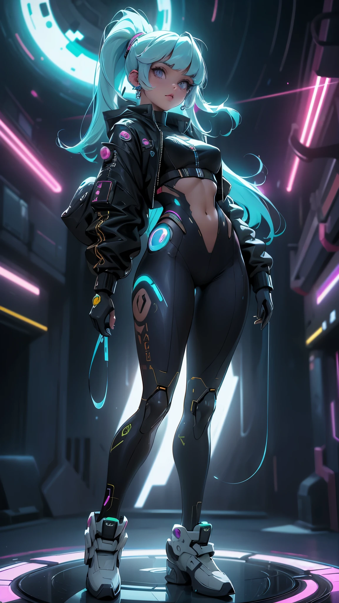 (La mejor calidad,A high resolution,Ultra - detallado,actual),Ariana Grande A spectral beautiful woman, full body Portrait Blade Runner Style cyborg female, in a dramatic pose, background Alien Planet background ((Shinny spaceship)) Glowing Space Craft, perfect detailed eyes, athletic body, intricate facial details, highly detailed, full body, perfect body, perfect face, (hermosos ojos azules)