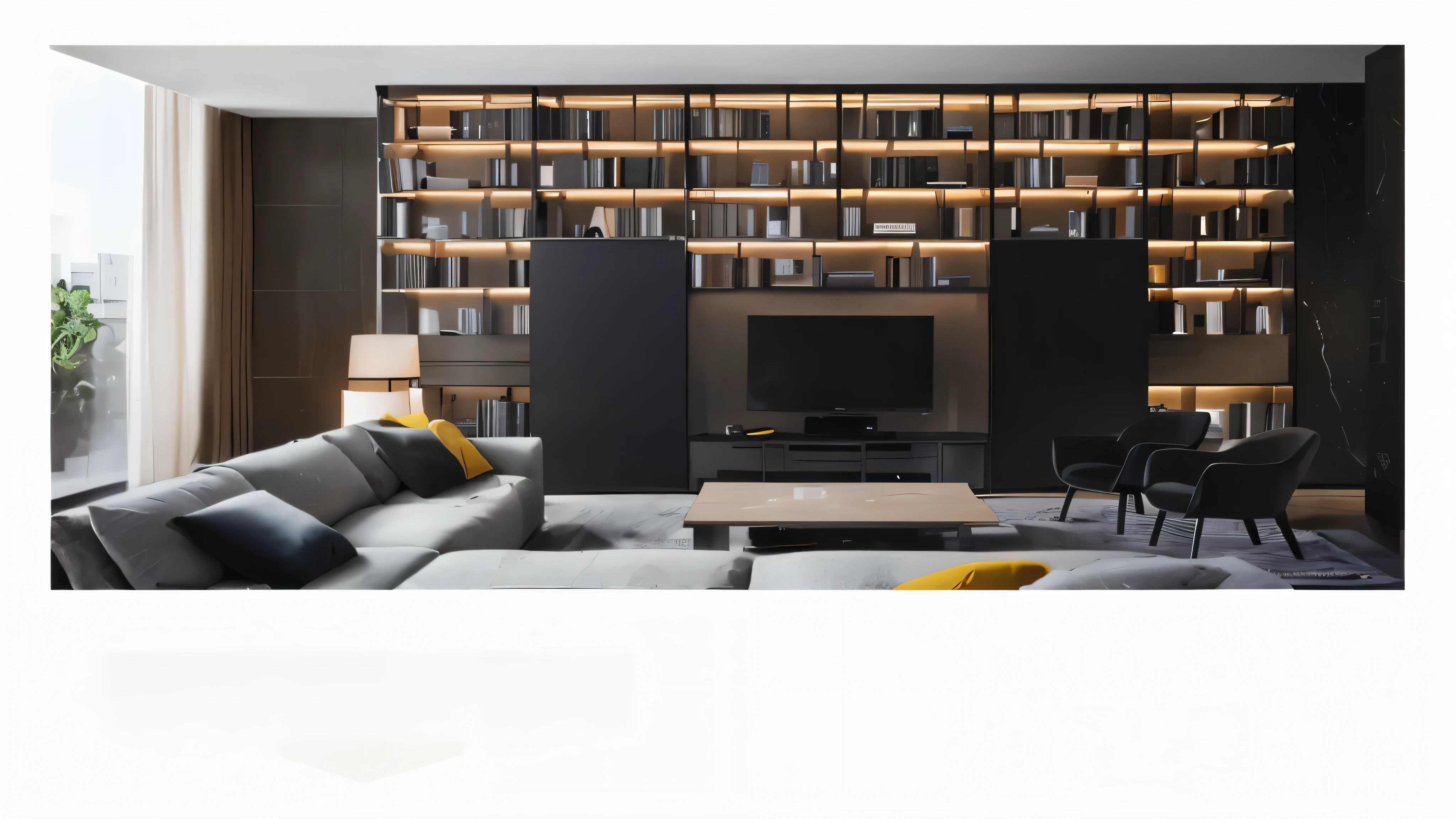 there is a live room with a couch, a table, and a tv, Wall full of bookcases, live room, live, bookshelf, exhibit, bookshelf, in a live room, bookshelf on sides, the live room, portrait shooting, bookshelf, 4K details, 4K details, inspiration, modern live room, Apartment with black walls,