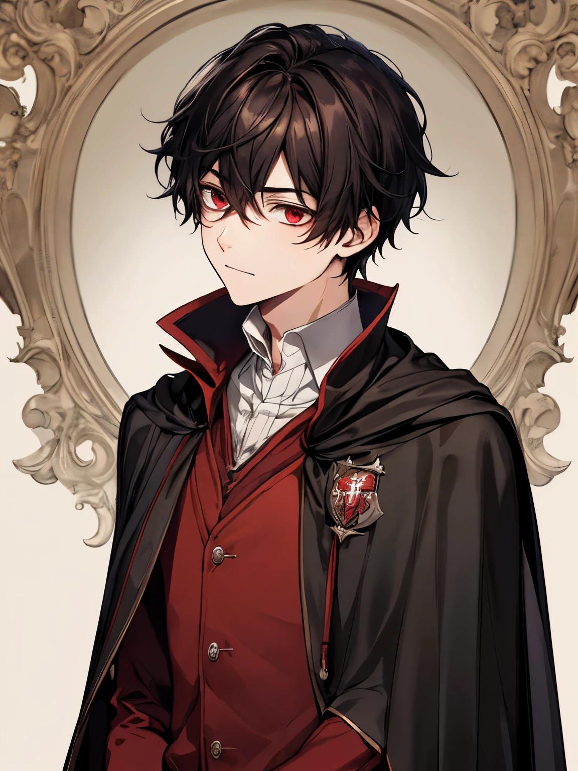 a boy dark hair and red eyes, wearing a hogwarts uniform with cape