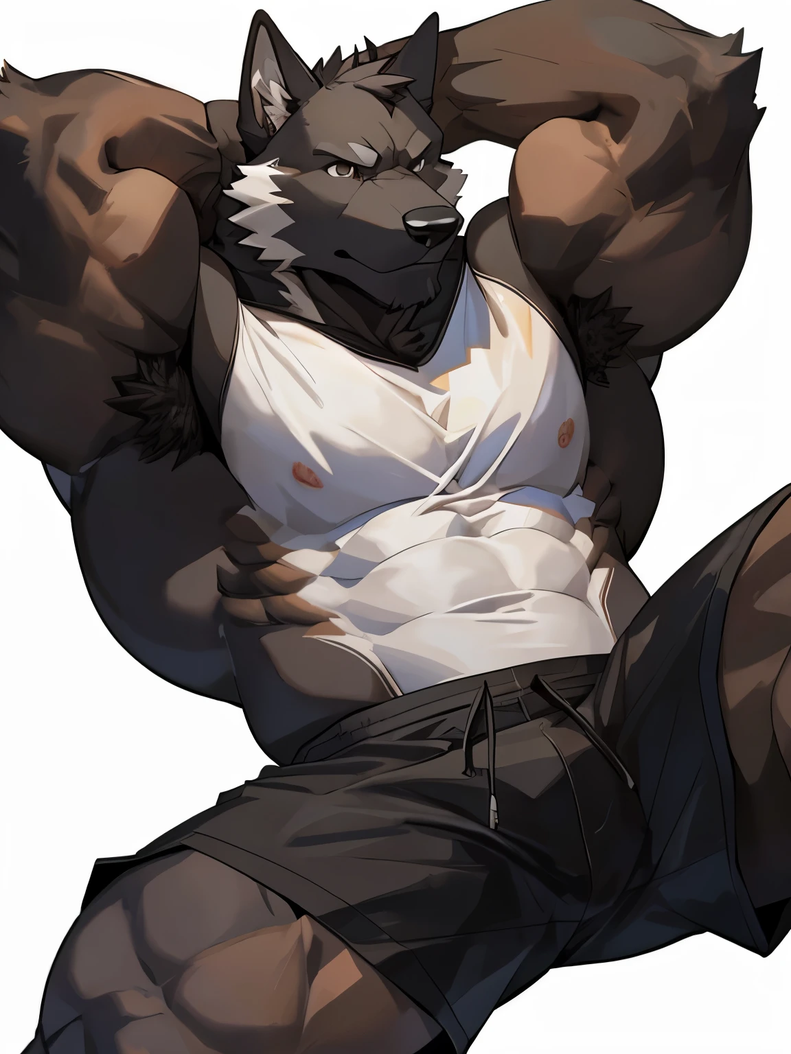 Dog, good looking, male, anthro, ultradetailed, muscular, solo, bareness, rippling muscles, muscles, simple background, white background, tail, serious, sitting, open legs, shorts, black fur, streching, hands behind head,