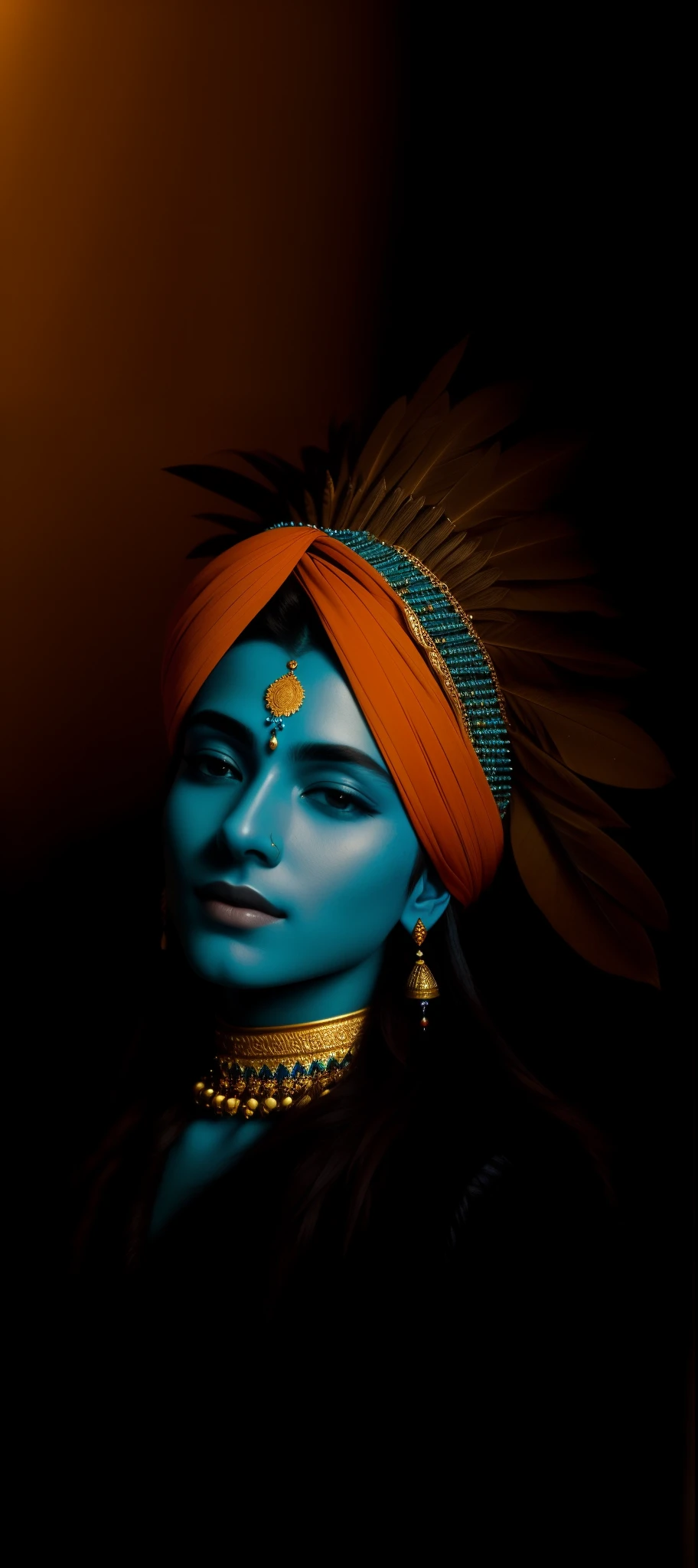 a close up of a person with a feather on their head, indian god, attractive male deity, color photograph portrait 4k, coy expression wearing intricate, an exhausted deity, serene expression, regal and menacing visage, his head covered in jewels, a stunning portrait of a goddess, peaceful expression, portrait of a beautiful goddess, closeup portrait shot, stylish deity skin tone blue