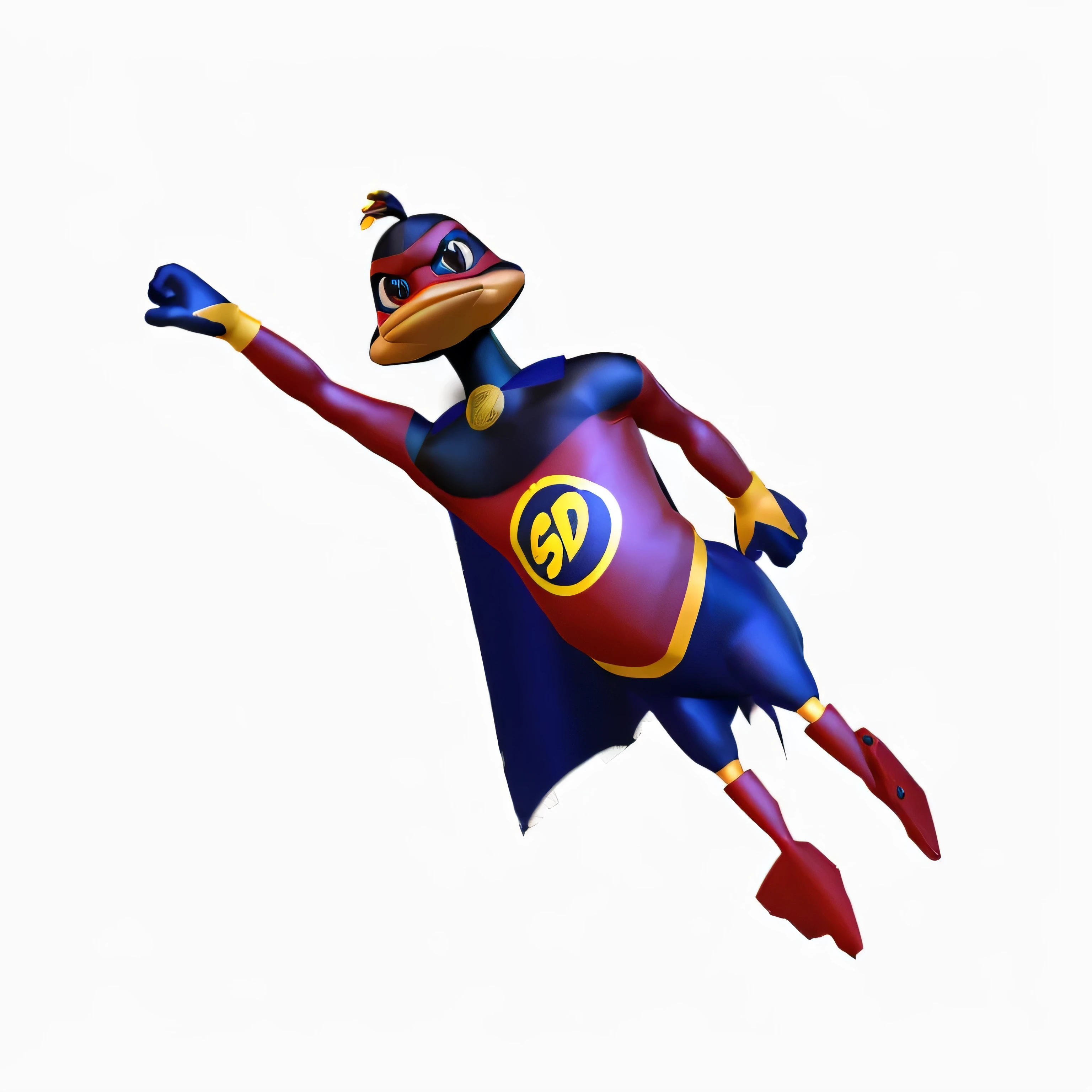 a close up of a cartoon bird flying through the air, 3 d render of jerma 9 8 5, 3d model of a japanese mascot, captain falcon, falco lombardi from starfox, inspired by Jacob Duck, character is flying, merged character, robot duck concept portrait, promotional render, the macho duck, 9 0 s cgi, sfm render SuperDuck