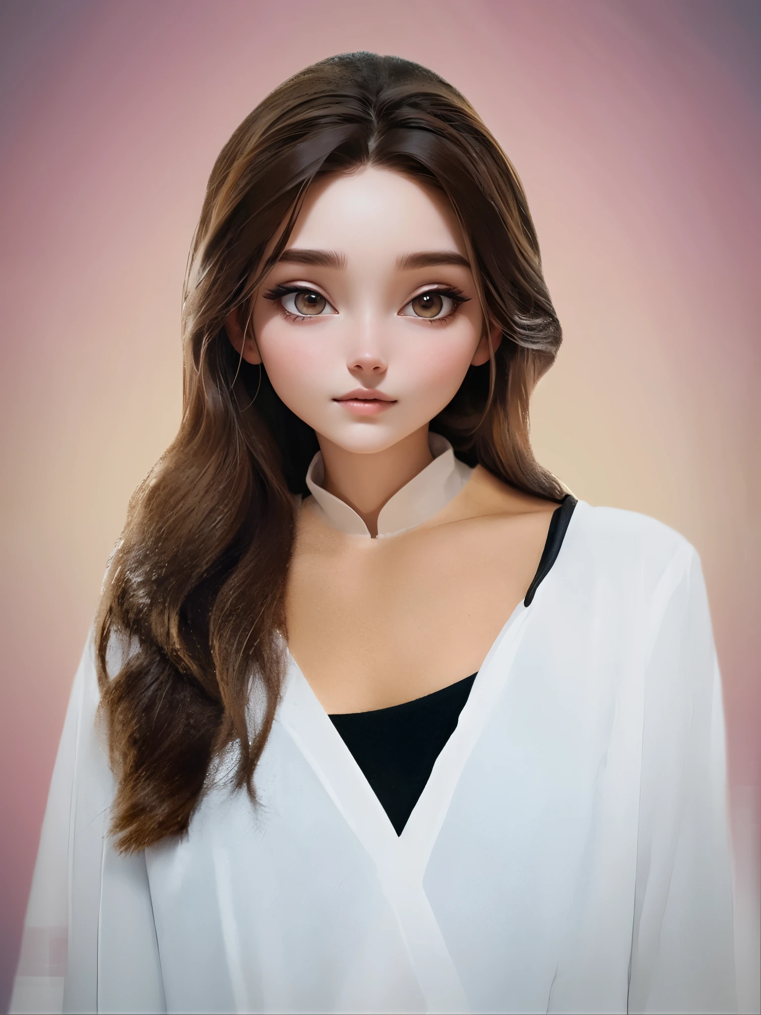 arafed woman with long brown hair and a white shirt, long flowing white robe, wearing white v - neck top, clothed in white shirt, wavy hair combed to one side, gorgeous beautiful woman, gorgeous woman, wearing a white blouse, wearing white robe, beautiful model, attractive brown hair woman, shoulder-length brown hair, a beautiful woman in white