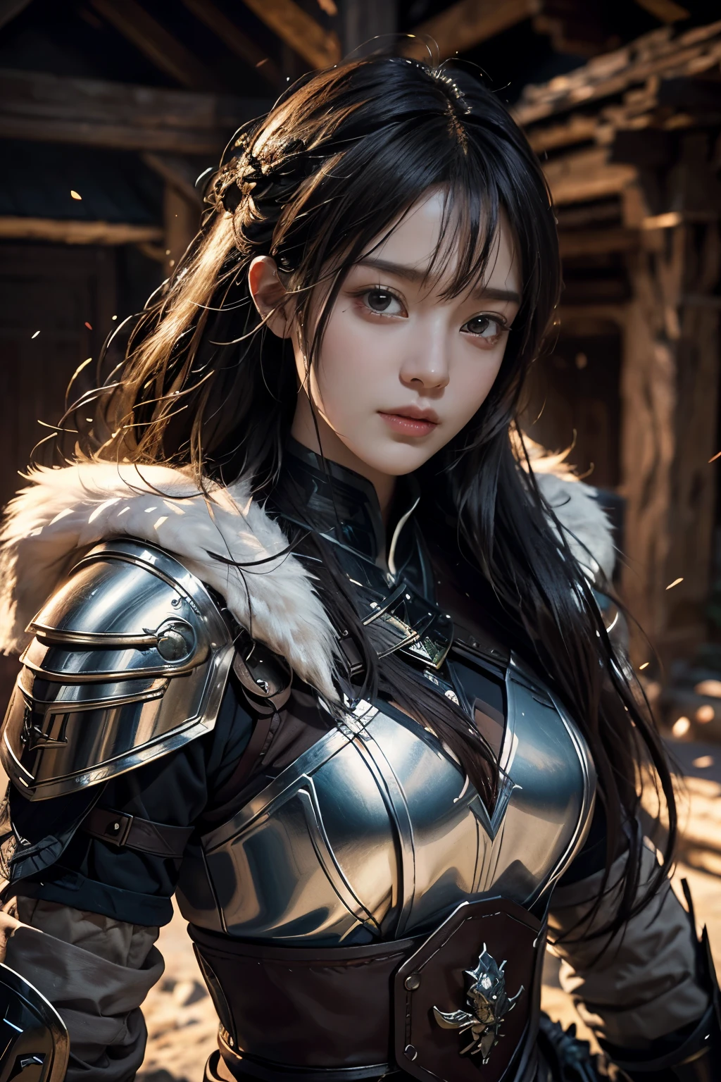 Game art，The best picture quality，Highest resolution，8K，(A bust photograph)，(Portrait)，(Head close-up:1.5)，(Rule of thirds)，Unreal Engine 5 rendering works， (The Girl of the Future)，(Female Warrior)， 
20岁少女，((Hunter))，An eye rich in detail，(Big breasts)，优雅高贵，冷漠，勇敢的，
（Medieval-style fur combat clothing，Glowing magic lines，Animal skin clothing with rich details），Medieval Lady Knight，Medieval ranger，
拍照姿势，简单背景，Movie lights，Ray tracing，Game CG，((3D Unreal Engine))，oc渲染反射纹