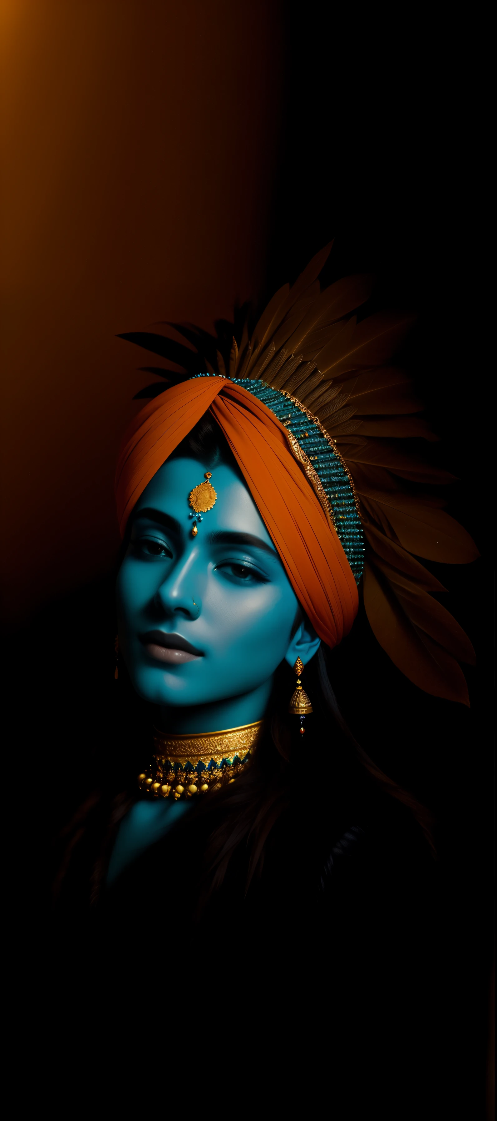 a close up of a person with a feather on their head, indian god, attractive male deity, color photograph portrait 4k, coy expression wearing intricate, an exhausted deity, serene expression, regal and menacing visage, his head covered in jewels, a stunning portrait of a goddess, peaceful expression, portrait of a beautiful goddess, closeup portrait shot, stylish deity skin tone blue