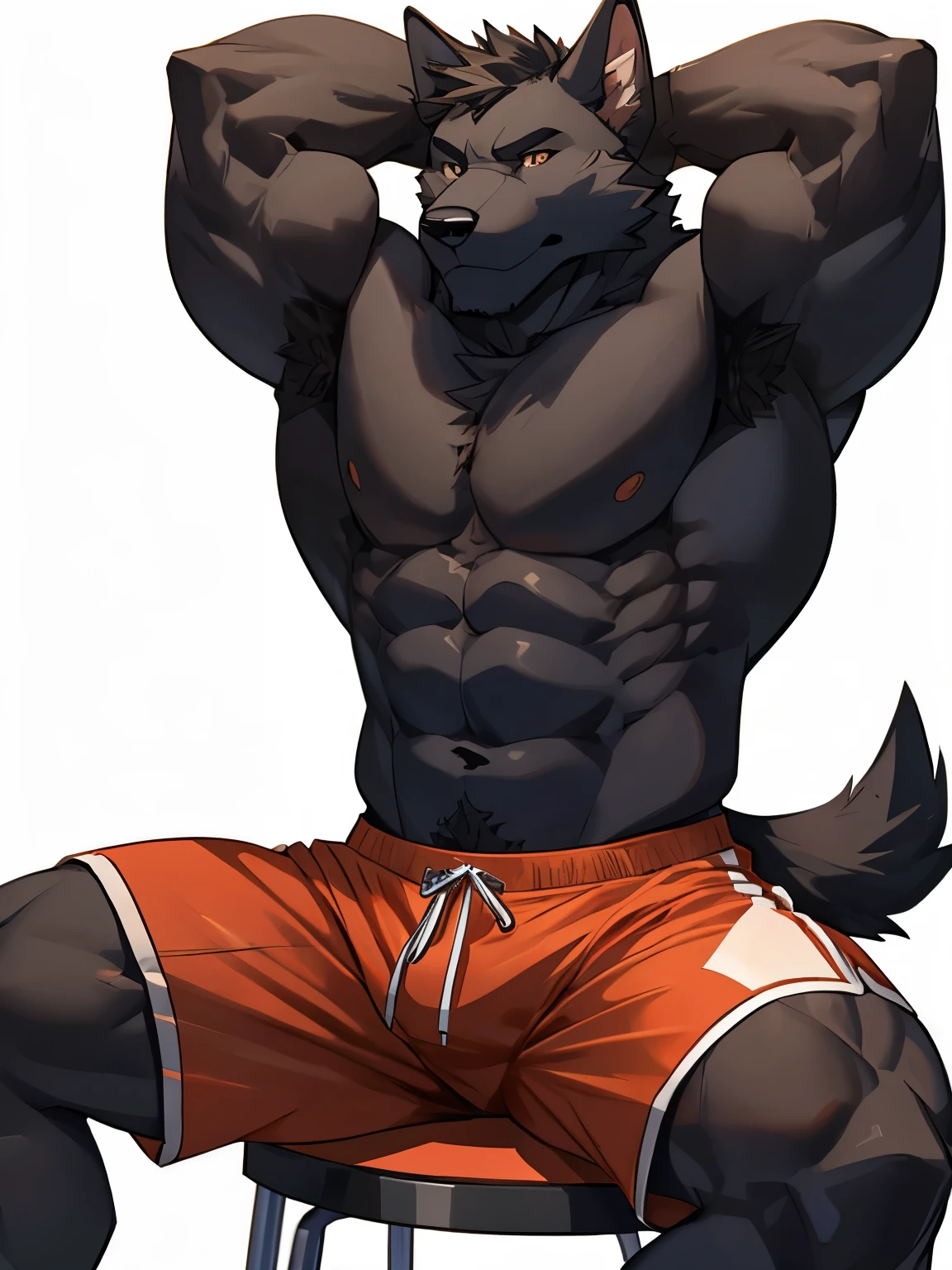 Dog, good looking, male, anthro, ultradetailed, muscular, solo, bareness, rippling muscles, muscles, simple background, white background, tail, serious, sitting, open legs, shorts, black fur, streching, hands behind head,