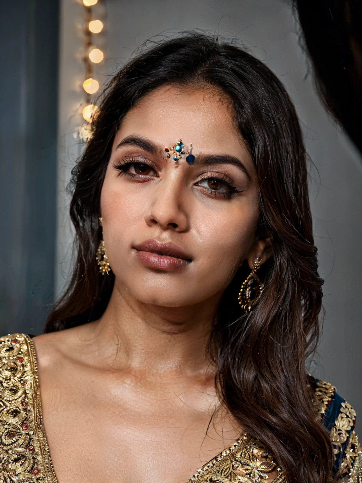closeup portrait photo of beautiful 26 y.o Indian woman, makeup, 8k uhd, high quality, dramatic, cinematic