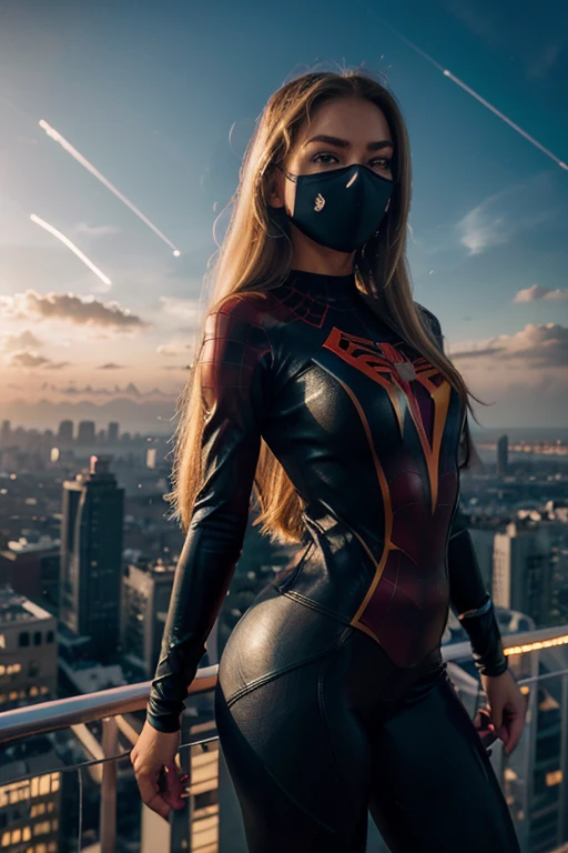 spandex outfit, superhero girl, flying in city sunset, skylines, mask off, spiderman spandex, blonde hair, straight hair, hair over shoulder, long hair, glaring, Surrealism, Social realism, Futurism, Realism, Hyperrealism, Post-Impressionism, cinematic lighting, UHD, ccurate, masterpiece, high quality, HD