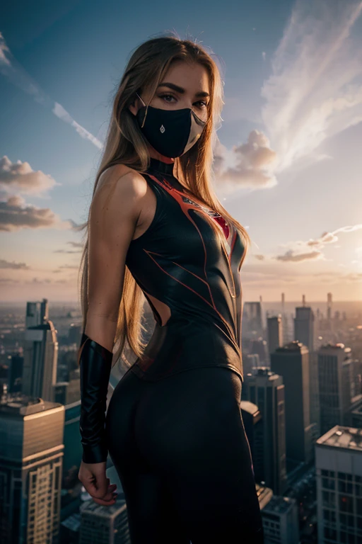 spandex outfit, superhero girl, flying in city sunset, skylines, mask off, spiderman spandex, blonde hair, straight hair, hair over shoulder, long hair, glaring, Surrealism, Social realism, Futurism, Realism, Hyperrealism, Post-Impressionism, cinematic lighting, UHD, ccurate, masterpiece, high quality, HD