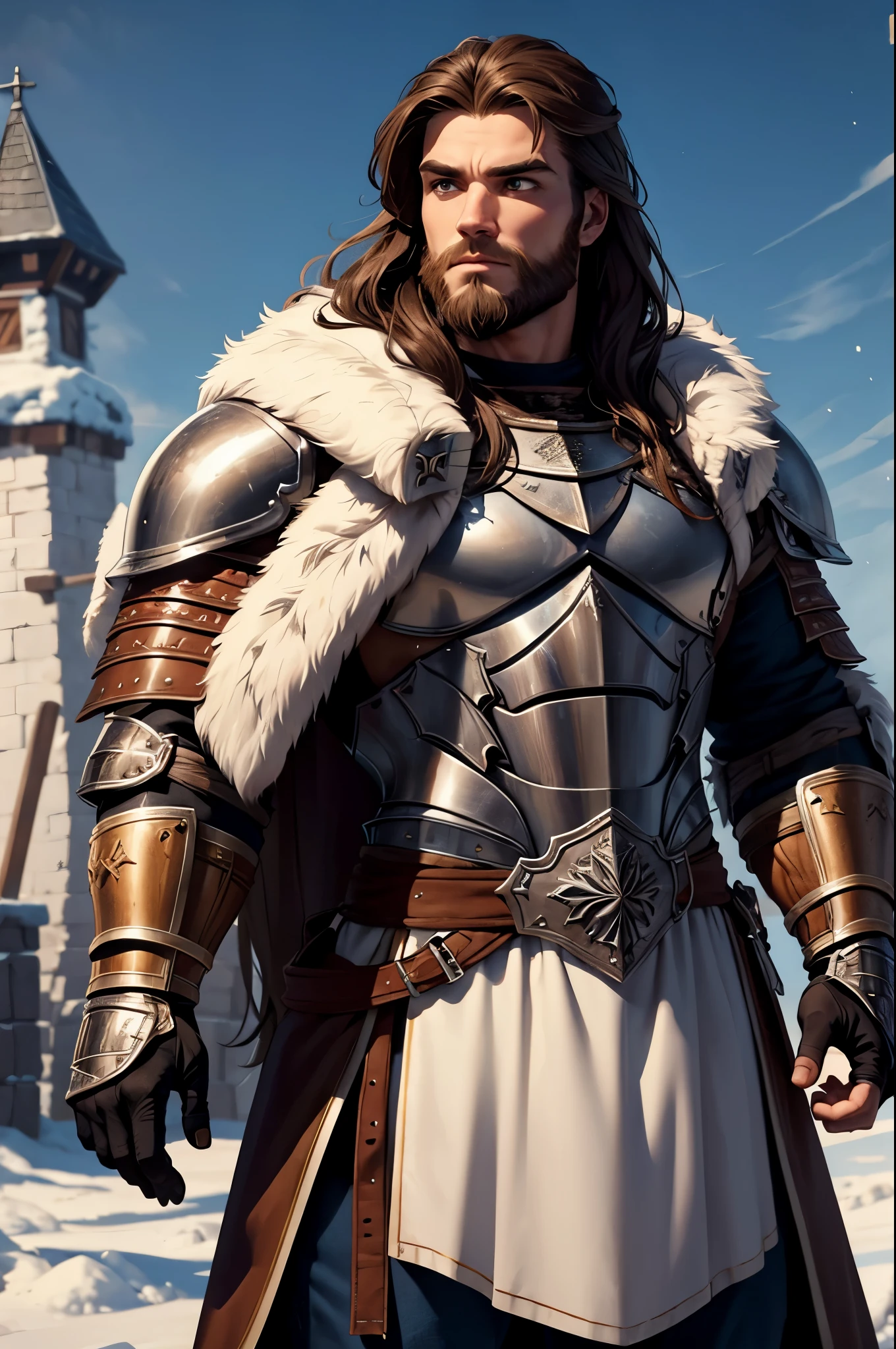 muscular nordic man from the frozen north wearing furs stuffed under an incomplete knight armor set. he's got long and wavy brown hair and a short beard