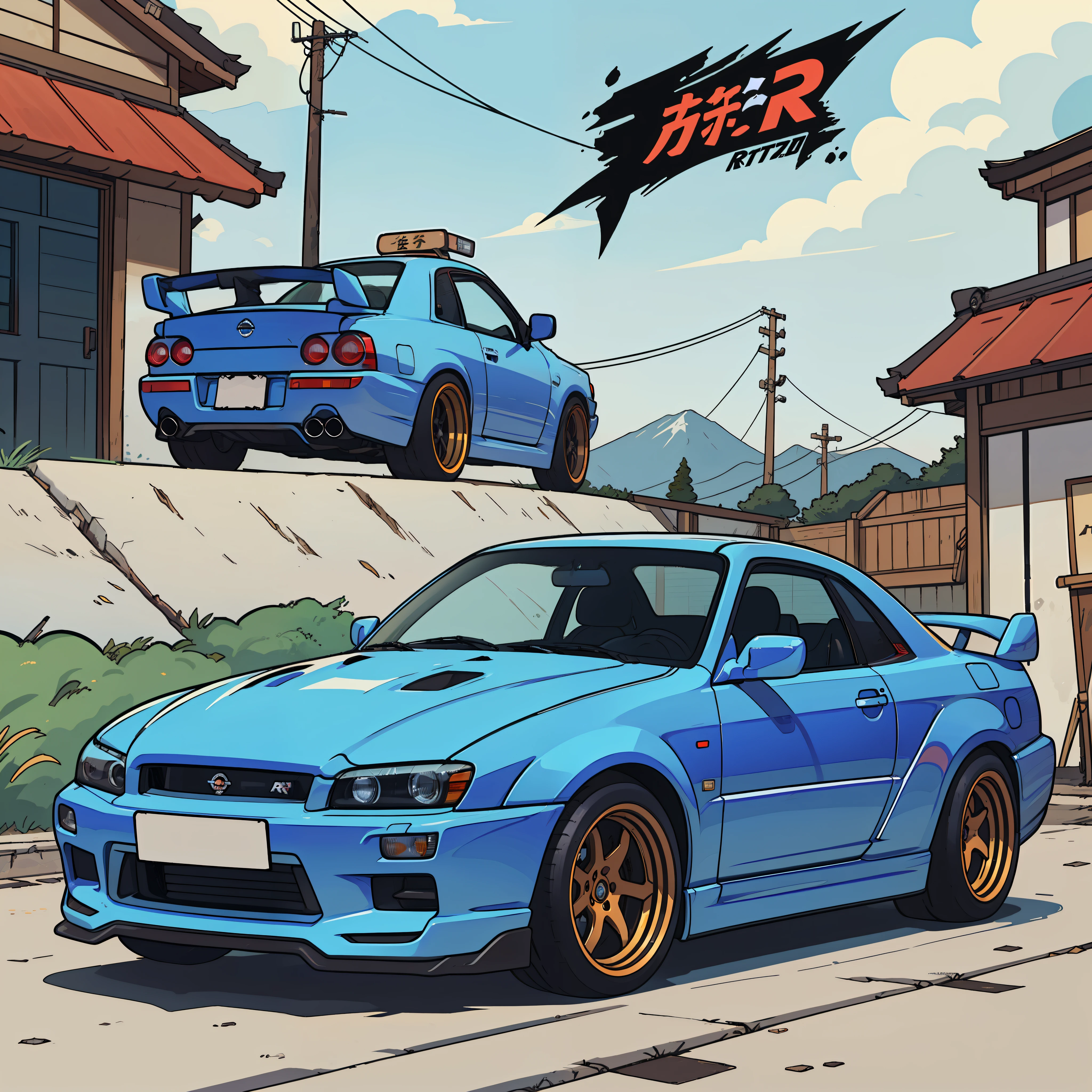 best quality, estilo anime, Fundo alto da rodovia, tuning carros, Carros japoneses, JDM, nissan R34, nissan gtr skyline, bluenavy car