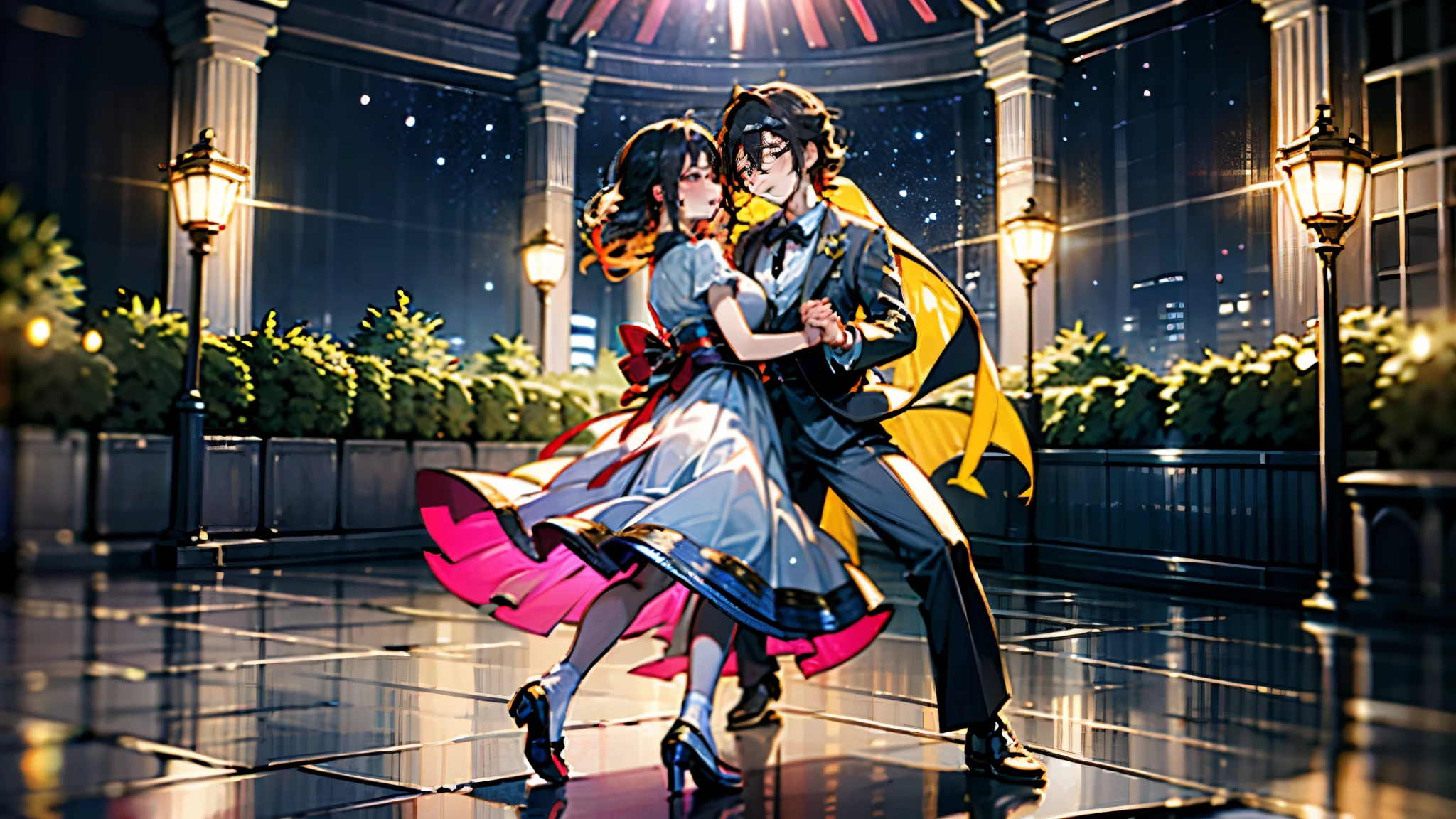 (Japanese,2 teenager ,pair dancing partner:northernmost island),romantic wind, beautiful starry night,traditional dance floor, traditional dance costume, mesmerizing dance moves, Princess dress and formal gentlemen suit , lively music, vibrant colors, joyful atmosphere, energetic dance routine, dynamic dance poses, seamless synchronization, graceful expressions. 
(best quality,4k,8k,highres,masterpiece:1.2), ultra-detailed, realistic choreography, professional lighting, vivid colors, immersive experience