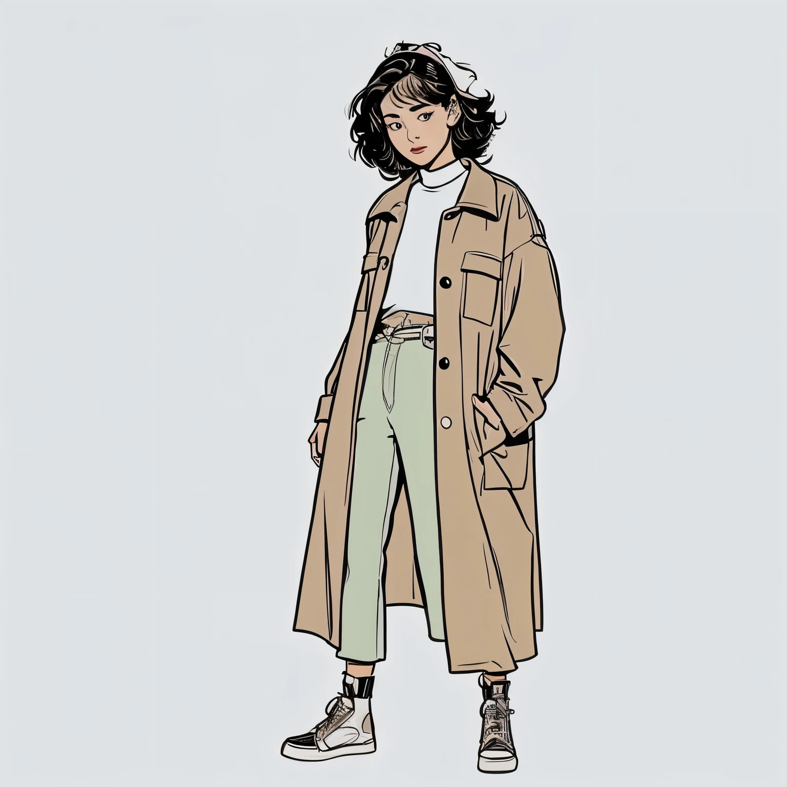a drawing of a beautiful woman, a character portrait by Farel Dalrymple, featured on tumblr, figurativism, criterion collection, concept art, super simple line art, full body, fashionable, jacket
