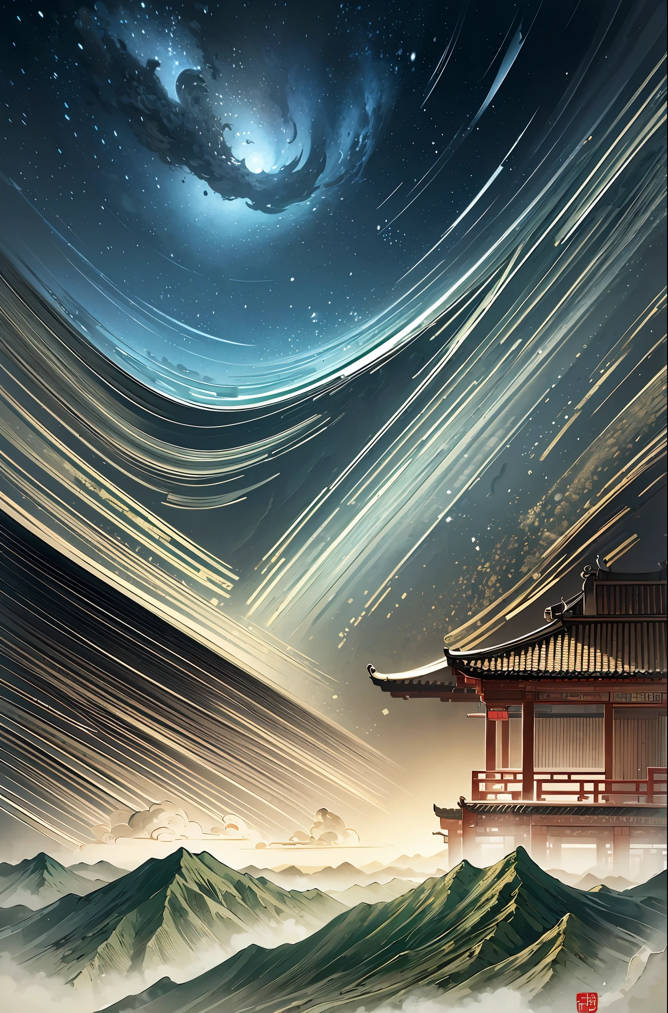 An ancient Chinese painting, ancient Chinese background, mountains, rivers, auspicious clouds, pavilions, sunshine, masterpieces, super detail, epic composition, ultra HD, high quality, extremely detailed, official art, unified 8k wallpaper, Super detail, 32k -- v 6