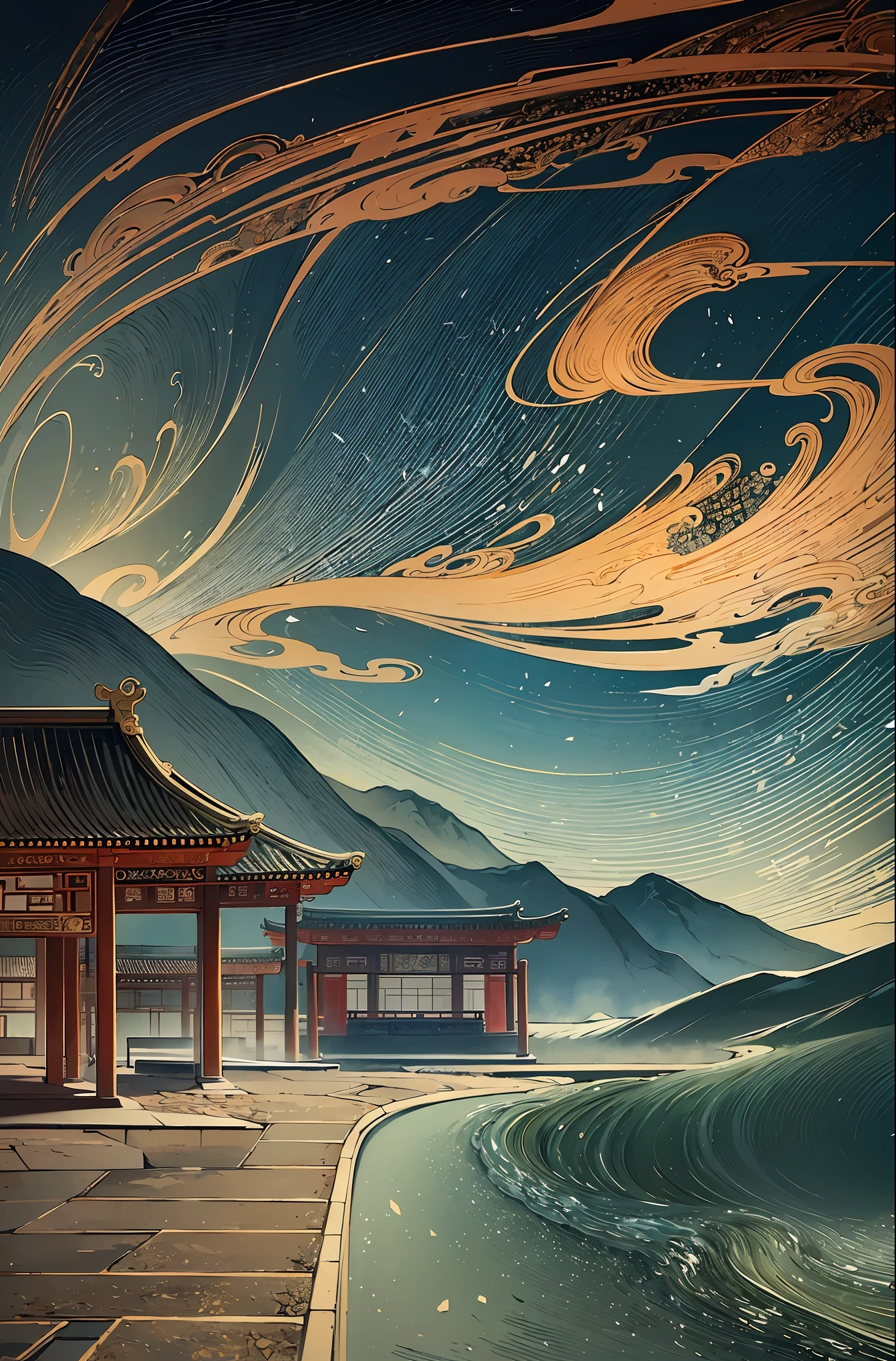 An ancient Chinese painting, ancient Chinese background, mountains, rivers, auspicious clouds, pavilions, sunshine, masterpieces, super detail, epic composition, ultra HD, high quality, extremely detailed, official art, unified 8k wallpaper, Super detail, 32k -- v 6