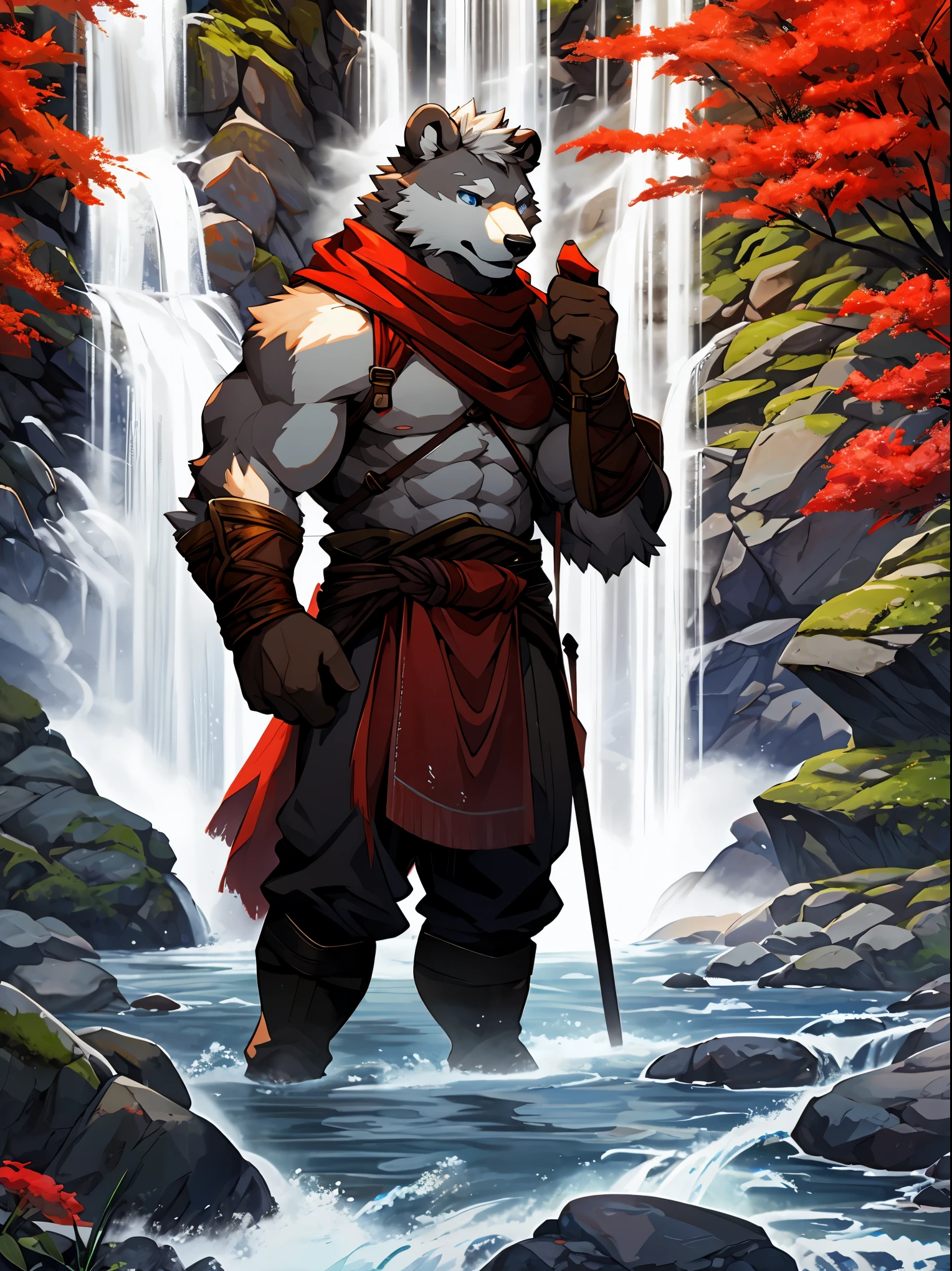 Furry, solo, white bear, Blue Eyes, Muscular, Wear an adventurer’s outfit, red cloth, red scarf, Behind is a mountain, waterfall, Standing on the rocks by the waterfall, High resolution imageHDR, 4K