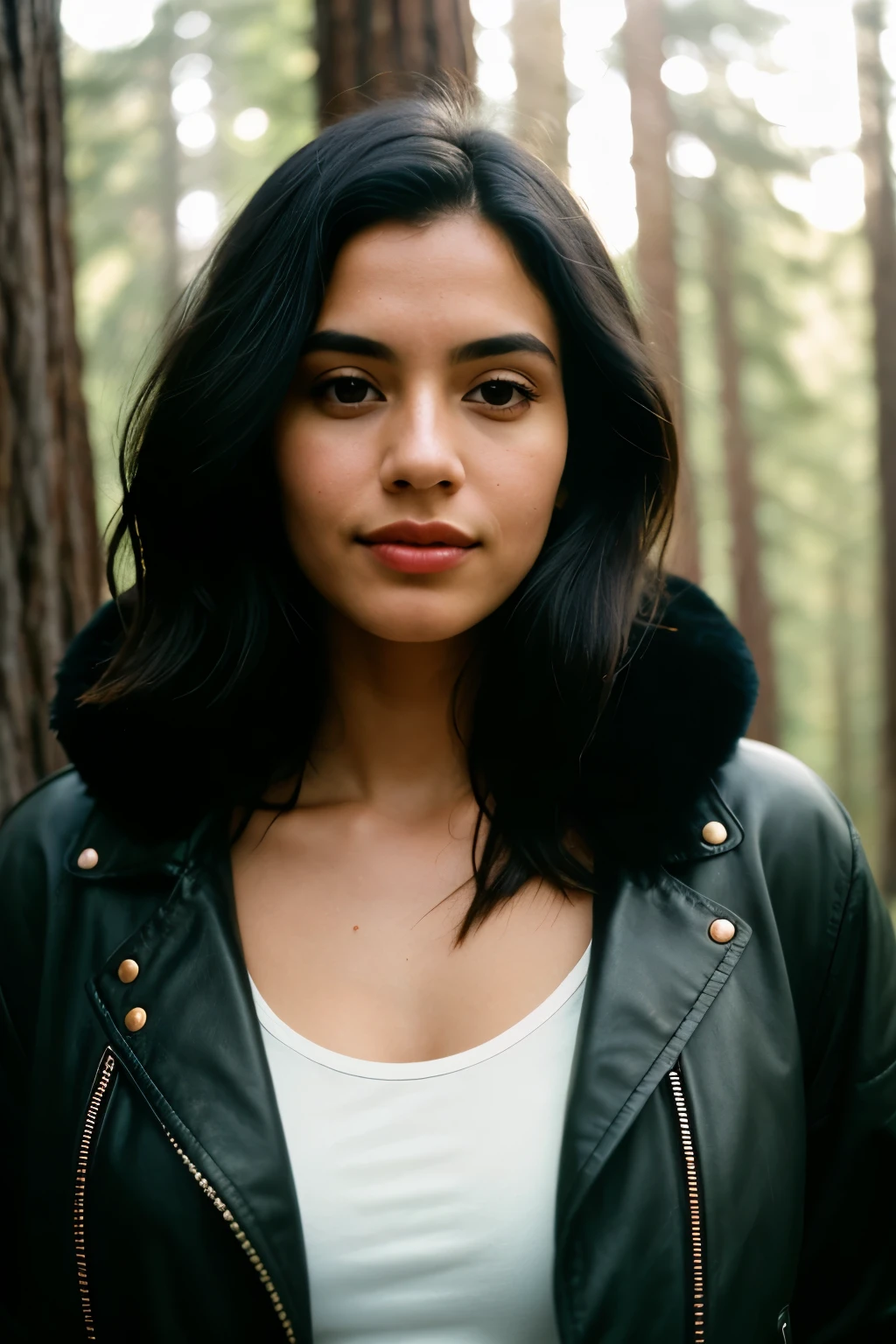 photograph of a woman, (sympathetic expression on his face), Ultra textured leather, face looks straight into the camera, goosebumps, jet black hair half up and half down, faux fur lined parka with skinny jeans, Group profile, tall ancient redwood trees, creating a feeling of wonder and awe, Perfect eyes, ((hard lighting:1.4)), Velvia 100 color, shot on CineStill 800T, hips, sharp focus on the subject, photographed by Manuela Marquez