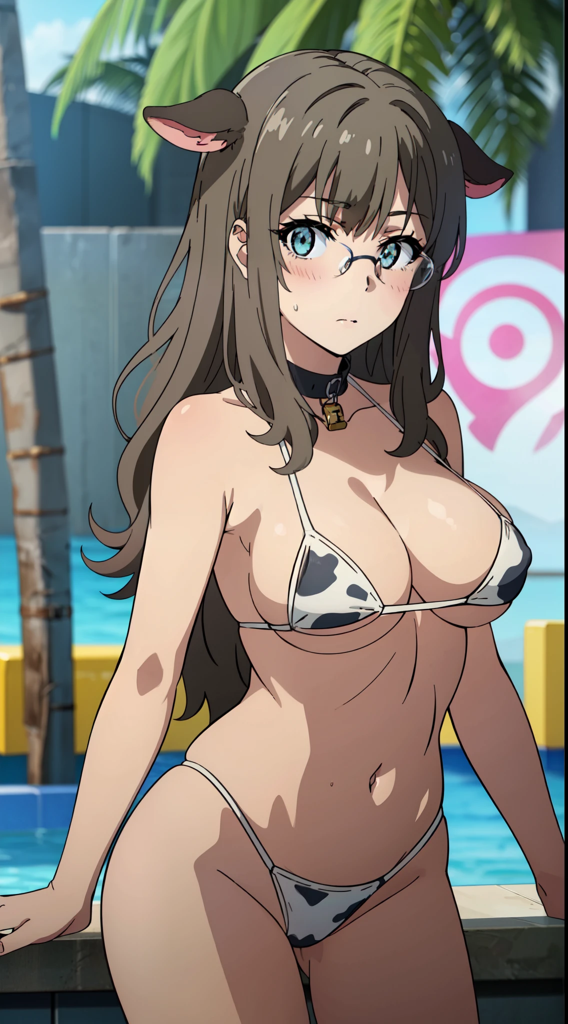 (((pixel perfect, detail perfect))), alone, 1 girl,master piece,detailed face,ray tracing, looking at the viewer, Glasses,Poolside,micro bikini,blush,embarrassing,big breasts,cow pattern,Cow Bell,cow horn
