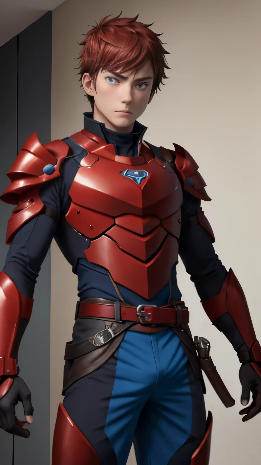 （1 Adult male），A high resolution， Sharp focus， Pixiv masterpiece， （（Complicated details））， highly detailed， natsuki_subaru， 1 man， The expression is serious，full bodyesbian， blue colored eyes（eyes glowing）， red short hair，red armor，Wear arm guards，Wear a belt，perspire，look from down