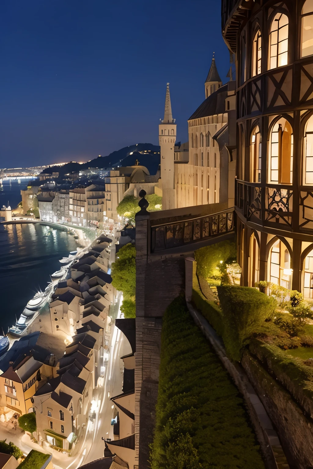 Beautiful streets of medieval Europe、near the sea、8K、Perfect scenery、(The most amazing building you've ever seen)、There are no people、overwhelming beauty、(very delicate cityscape)、night view