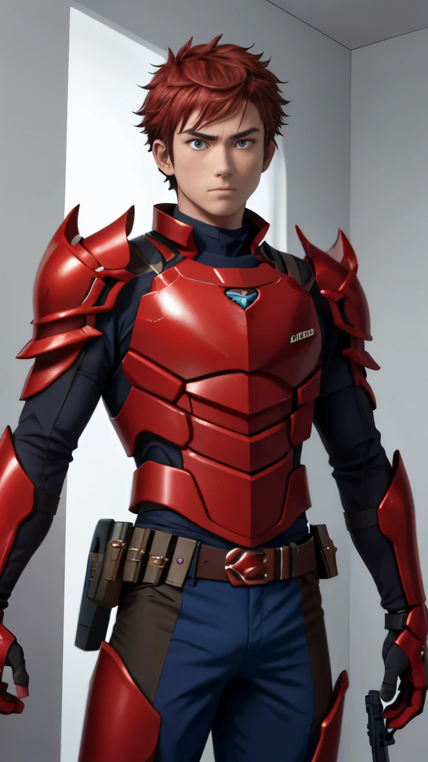 （1 Adult male），A high resolution， Sharp focus， Pixiv masterpiece， （（Complicated details））， highly detailed， natsuki_subaru， 1 man， The expression is serious，full bodyesbian， blue colored eyes（eyes glowing）， red short hair，red armor，Wear arm guards，Wear a belt，perspire，look from down