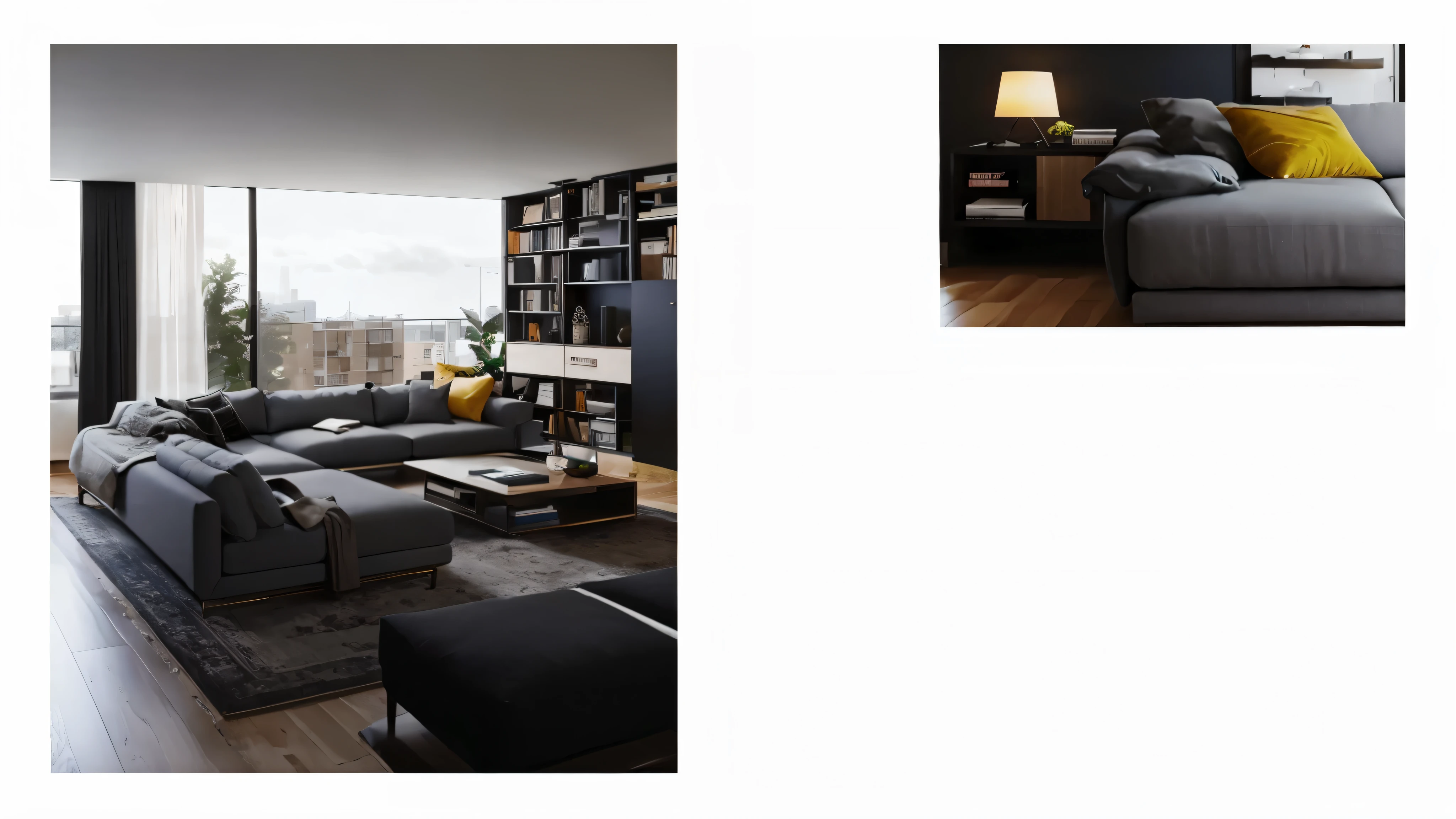 arafed view of a live room with a couch and a book shelf, Apartment with black walls, city apartment, the live room, live room, inspiration来自埃米利奥·格劳·萨拉, picture, inspiration来自大卫·奇普菲尔德, design, cozy atmosphere, furniture concept photo!!, looks very realistic, inspiration, live, 高品质picture, dystopian city apartment